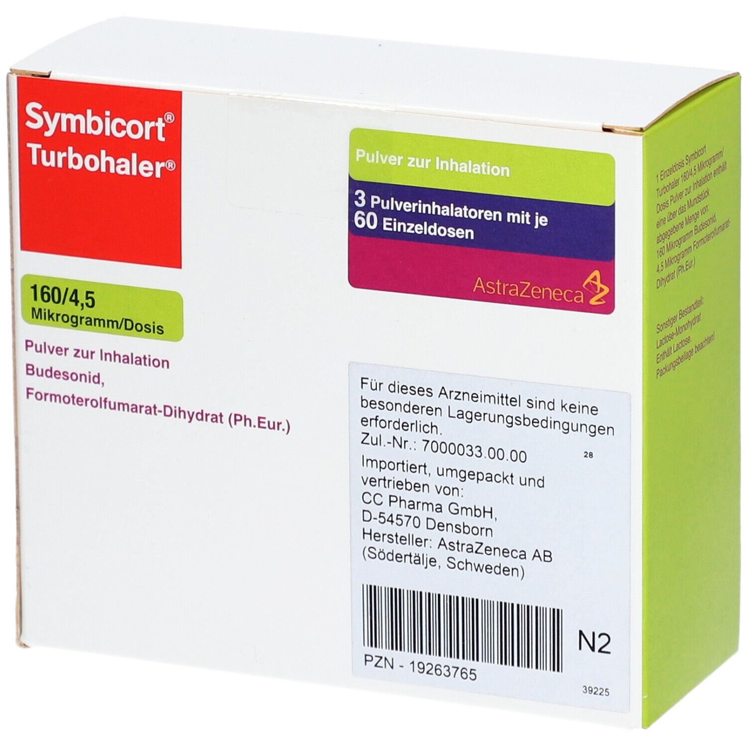 Weißer Karton mit grünen und roten Akzenten. Beschriftung: Symbicort Turbohaler, 160/4,5 Mikrogramm/Dosis, 60 ED. Barcode.