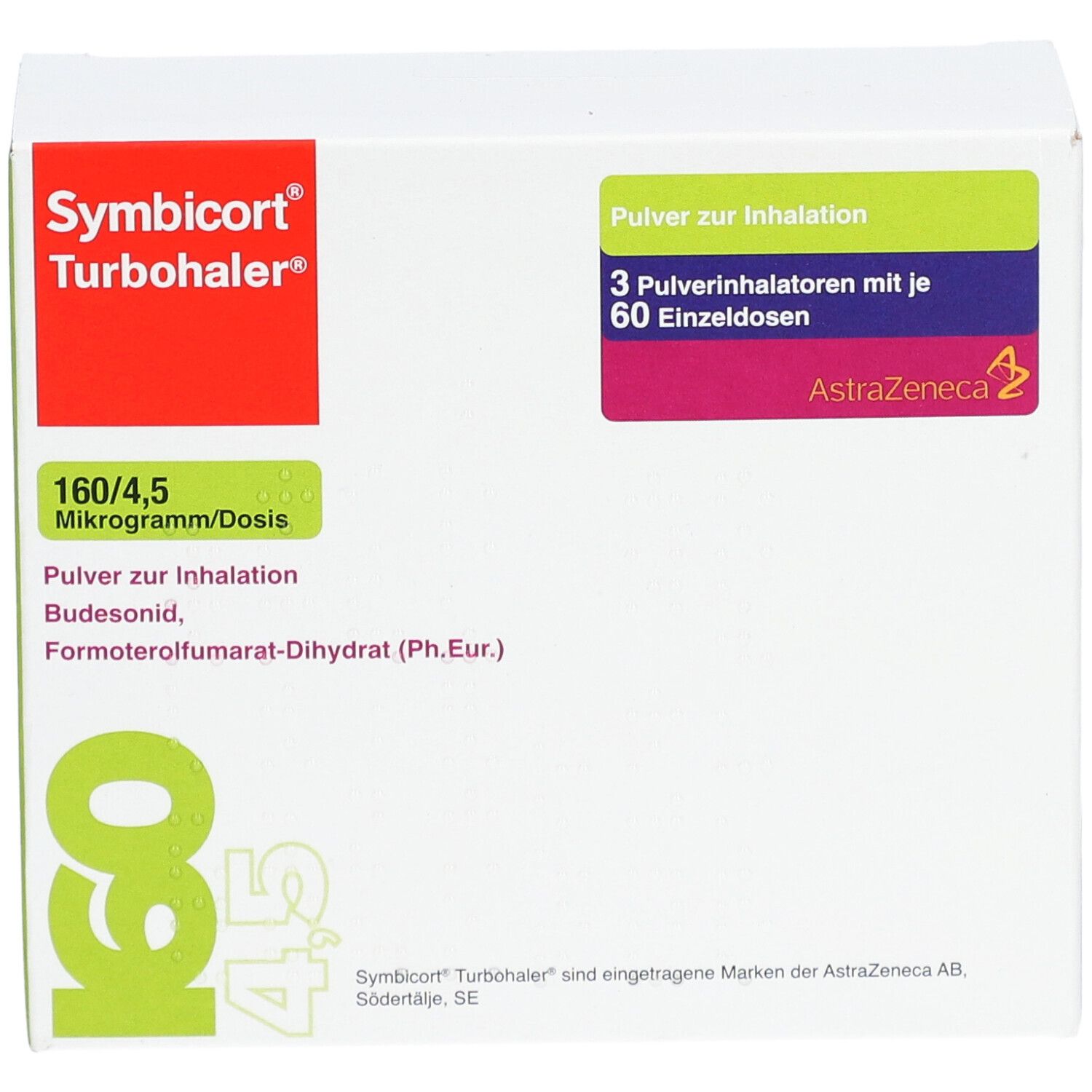 Weißer Karton mit grünen und roten Akzenten. Beschriftung: Symbicort Turbohaler, 160/4,5 Mikrogramm/Dosis, 60 ED.
