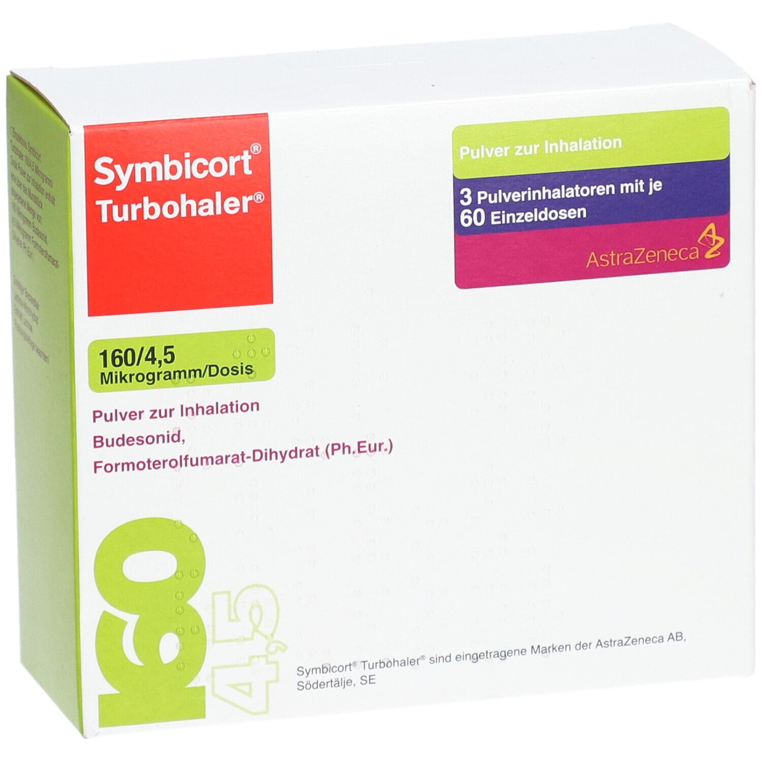 Weißer Karton mit grünen und roten Akzenten. Beschriftung: Symbicort Turbohaler, 160/4,5 Mikrogramm/Dosis, 60 ED.