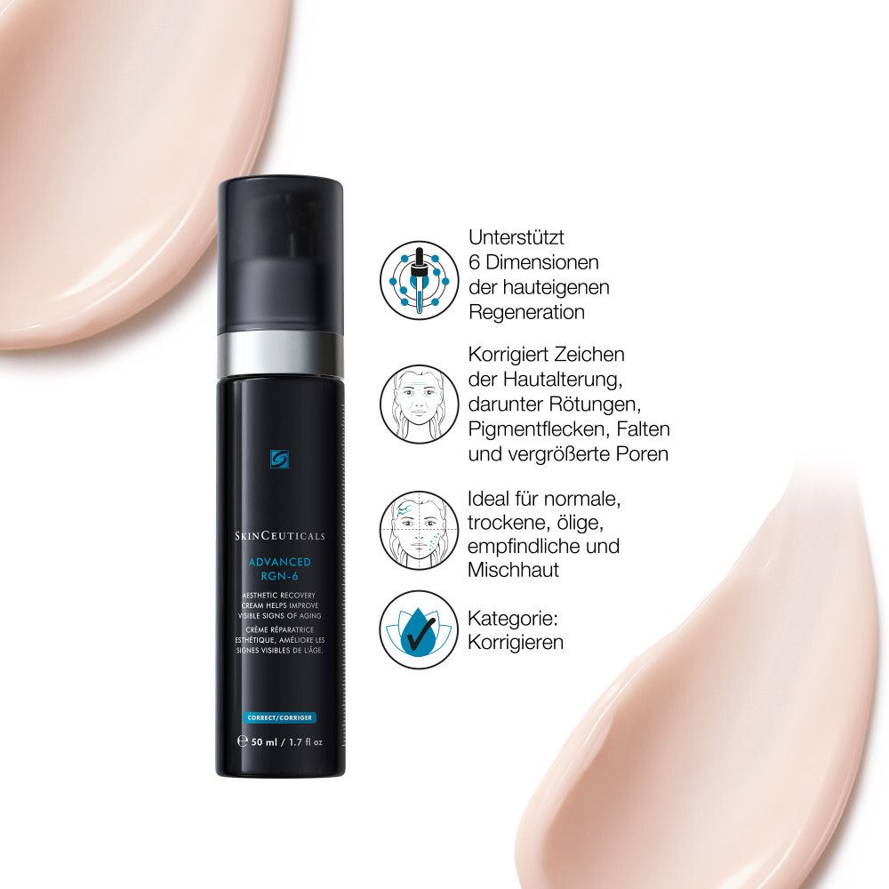 SkinCeuticals Advanced RGN-6 Creme. Flasche und Informationen. Unterstützt die Regeneration, korrigiert Zeichen der Hautalterung.