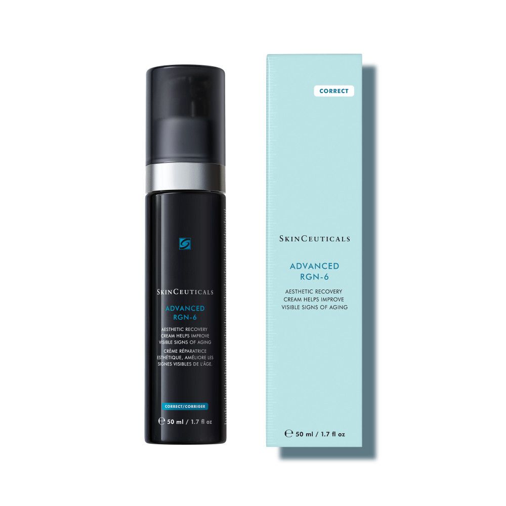SkinCeuticals Advanced RGN-6 Creme und Verpackung. Blaue Verpackung mit Produktinformationen. 50 ml.