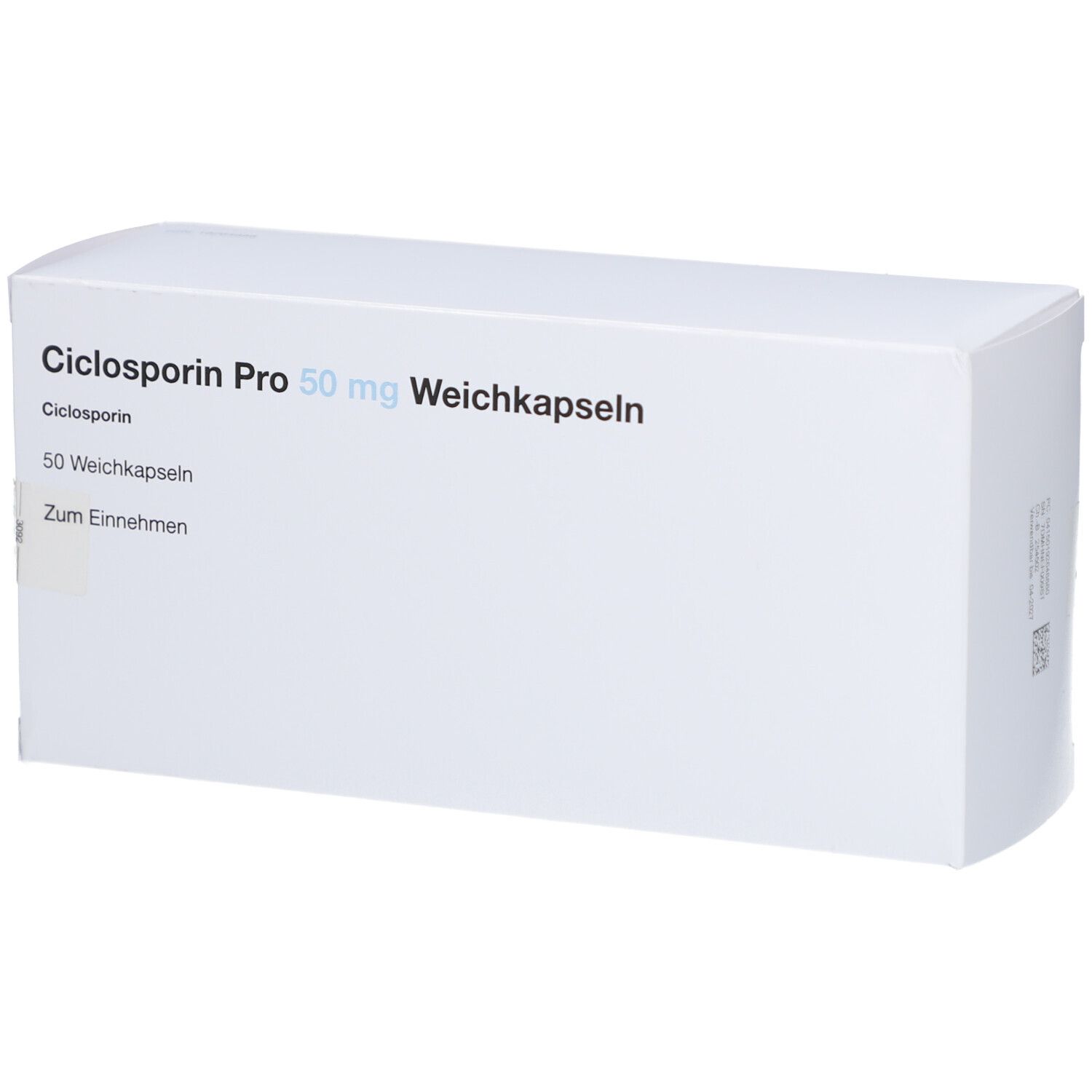 Weiße Schachtel mit Aufschrift: Ciclosporin Pro 50 mg Weichkapseln. Enthält 50 Weichkapseln. Zum Einnehmen.