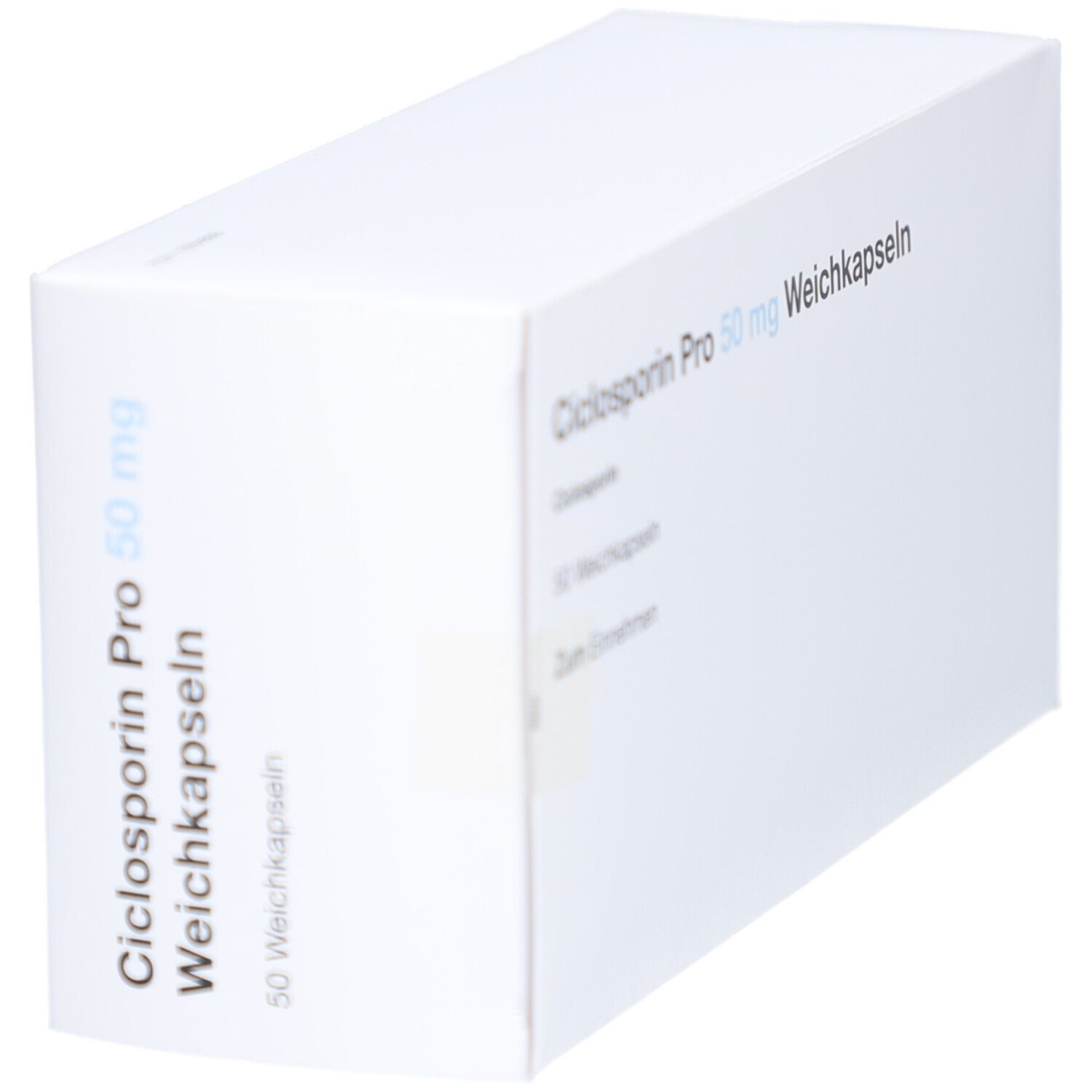 Schachtel mit Aufschrift: Ciclosporin Pro 50 mg Weichkapseln. 50 Weichkapseln. Weiße Verpackung, schräg.