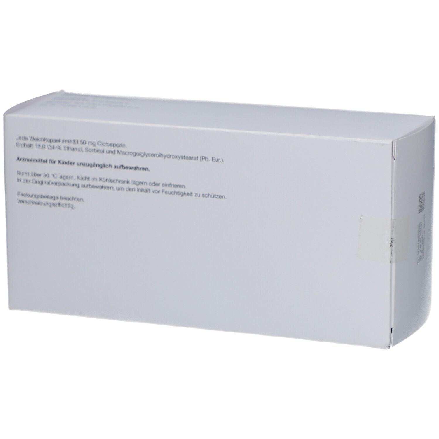 Rückseite der Schachtel mit Text. Enthält 50 mg Ciclosporin. Hinweise zur Aufbewahrung und Inhaltsstoffe.