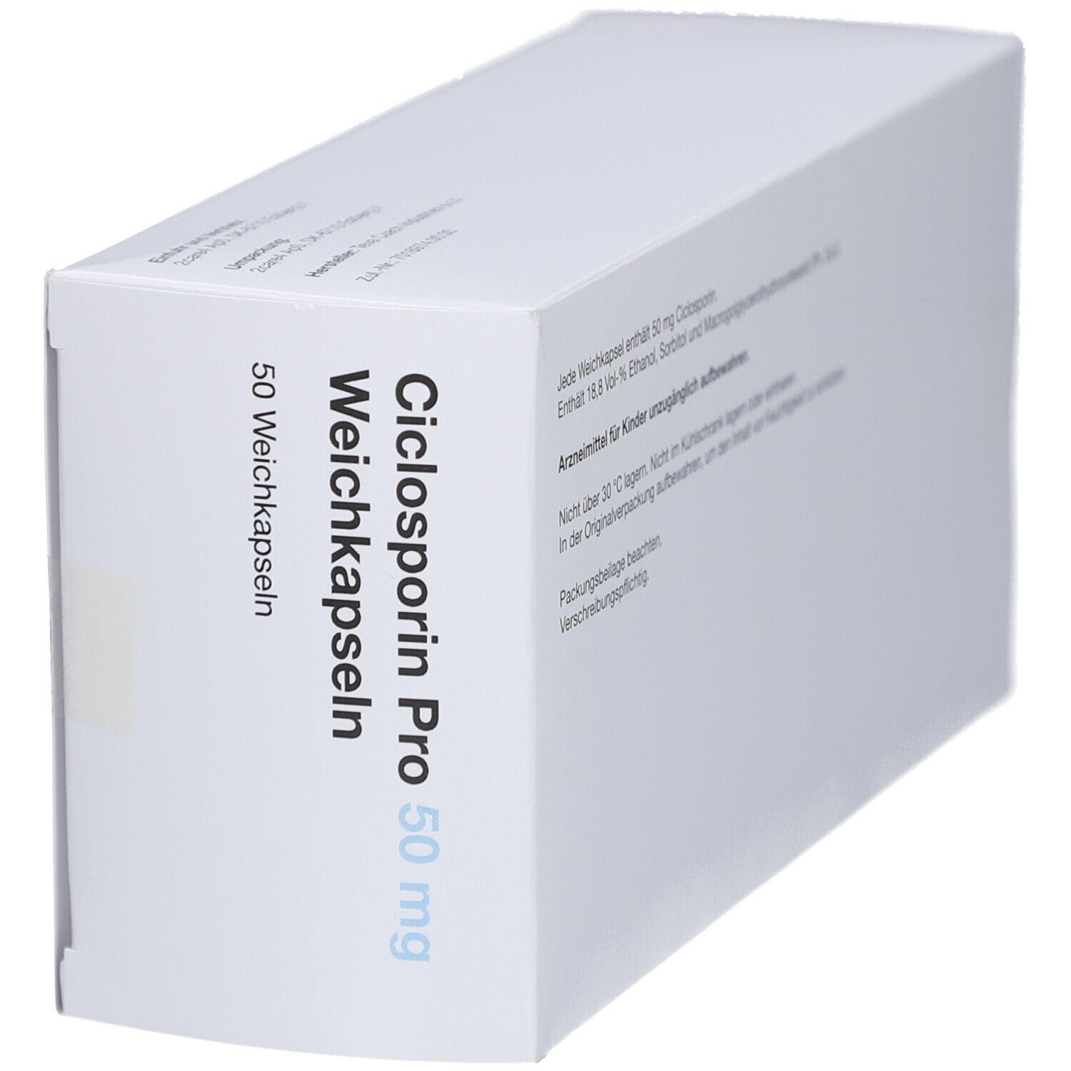 Schachtel mit Aufschrift: Ciclosporin Pro 50 mg Weichkapseln. 50 Weichkapseln. Weiße Verpackung, schräg.