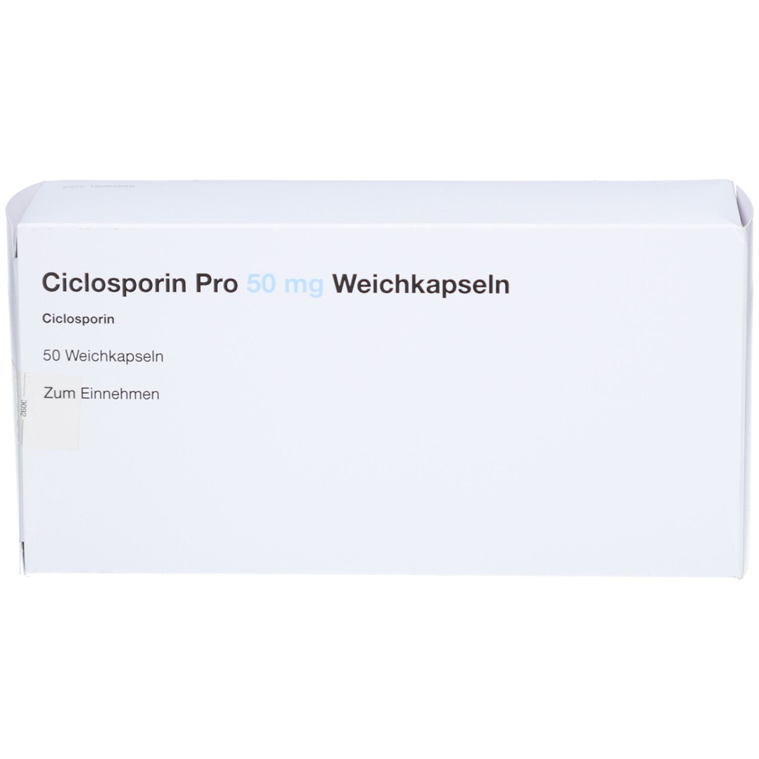 Weiße Schachtel mit Aufschrift: Ciclosporin Pro 50 mg Weichkapseln. Enthält 50 Weichkapseln. Zum Einnehmen.