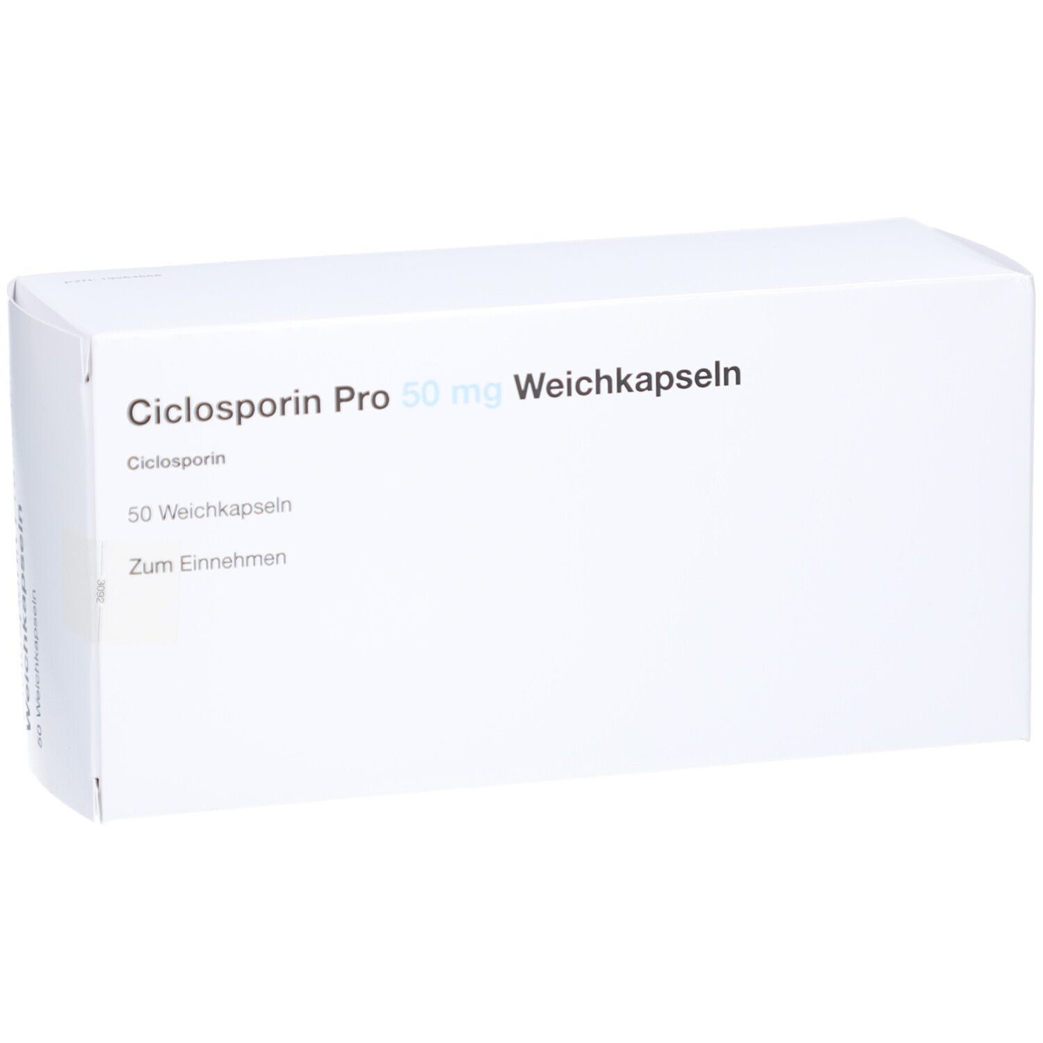 Weiße Schachtel mit Aufschrift: Ciclosporin Pro 50 mg Weichkapseln. Enthält 50 Weichkapseln. Zum Einnehmen.