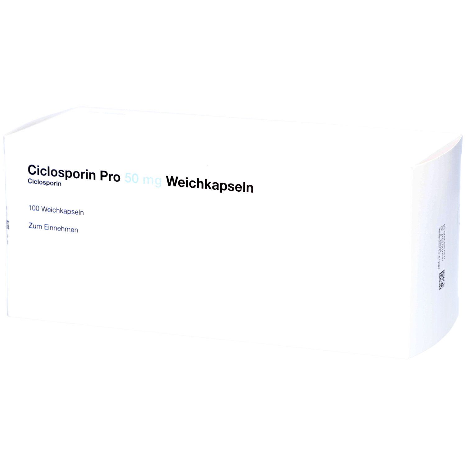 Weiße Schachtel mit Aufschrift: Ciclosporin Pro 50 mg Weichkapseln. 100 Weichkapseln. Zum Einnehmen.