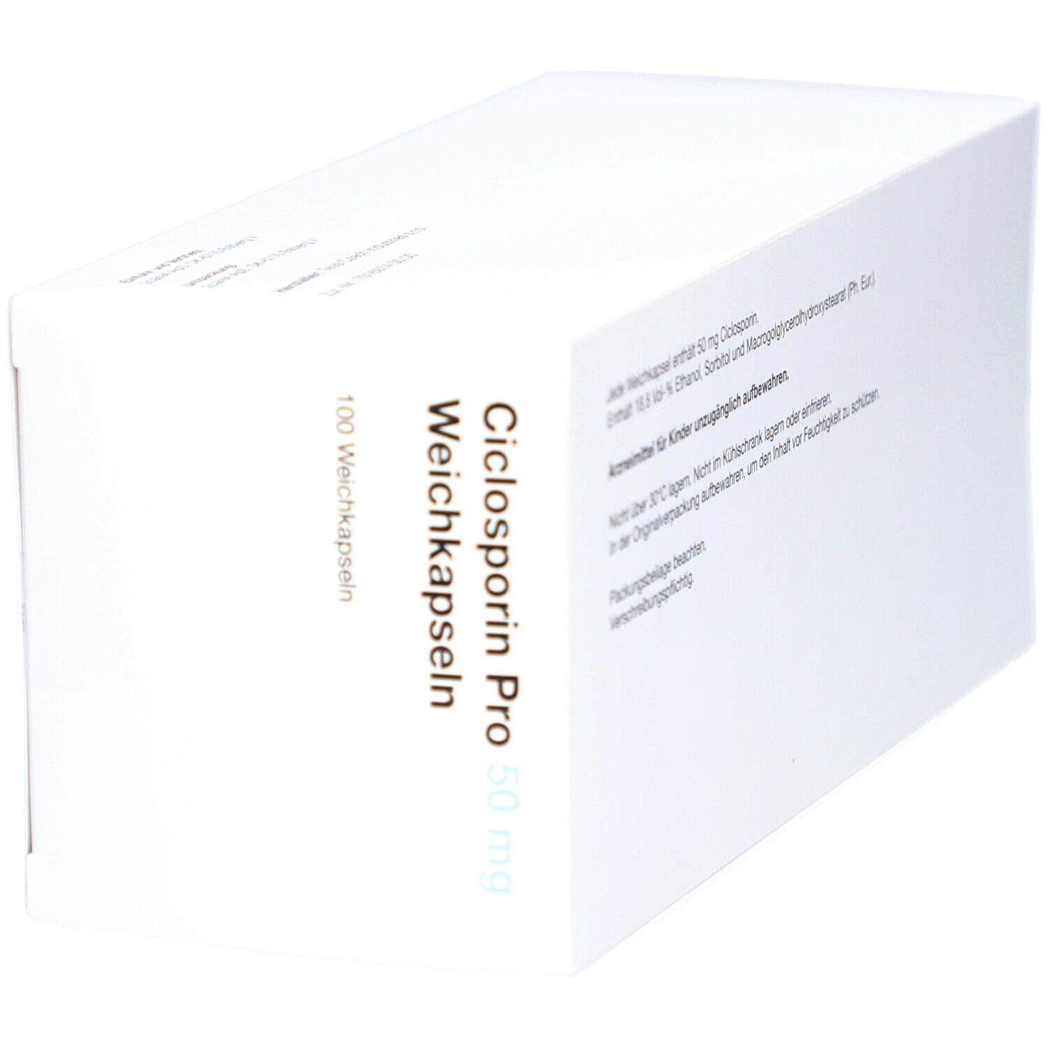 Weiße Schachtel mit Aufschrift: Ciclosporin Pro 50 mg Weichkapseln. 100 Weichkapseln. Zum Einnehmen. Rückseite mit Text.
