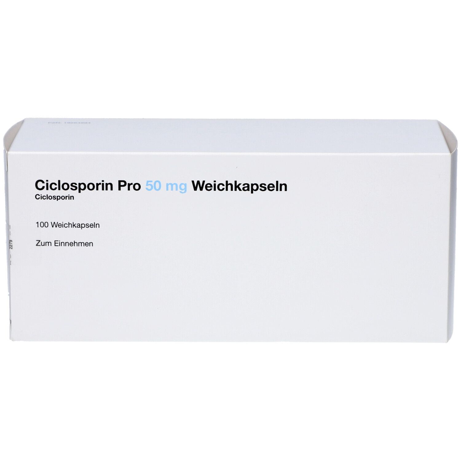Weiße Schachtel mit Aufschrift: Ciclosporin Pro 50 mg Weichkapseln. 100 Weichkapseln. Zum Einnehmen.