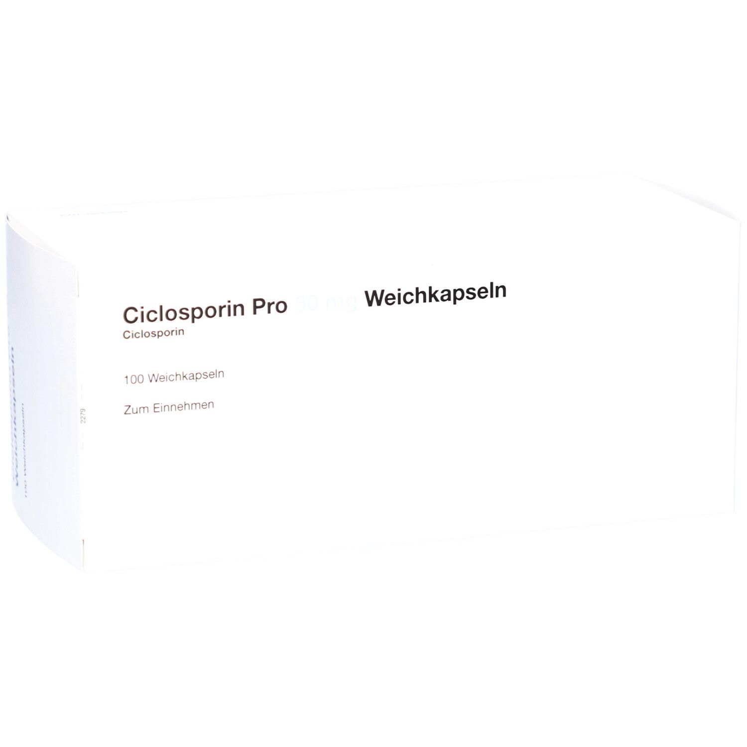 Weiße Schachtel mit Aufschrift: Ciclosporin Pro Weichkapseln. 100 Weichkapseln. Zum Einnehmen.