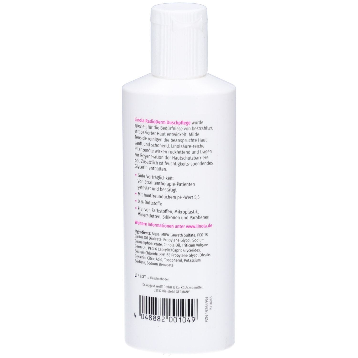 Rückseite der weißen Flasche. Textinformationen und Inhaltsstoffe. Barcode unten.