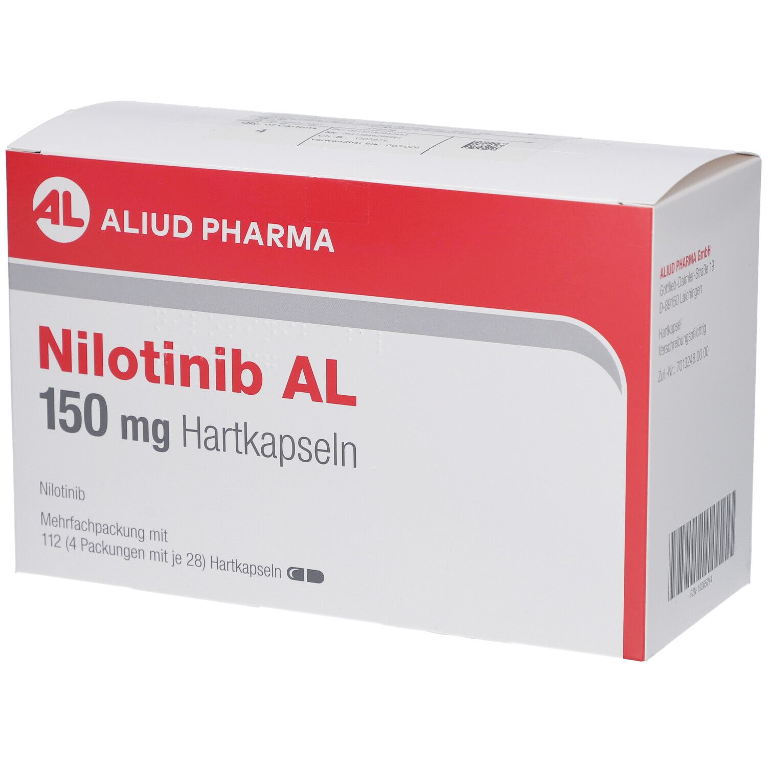 Weiße Faltschachtel mit rotem Deckel. Aufdruck: Nilotinib AL 150 mg Hartkapseln. Logo: AL, Aliud Pharma.