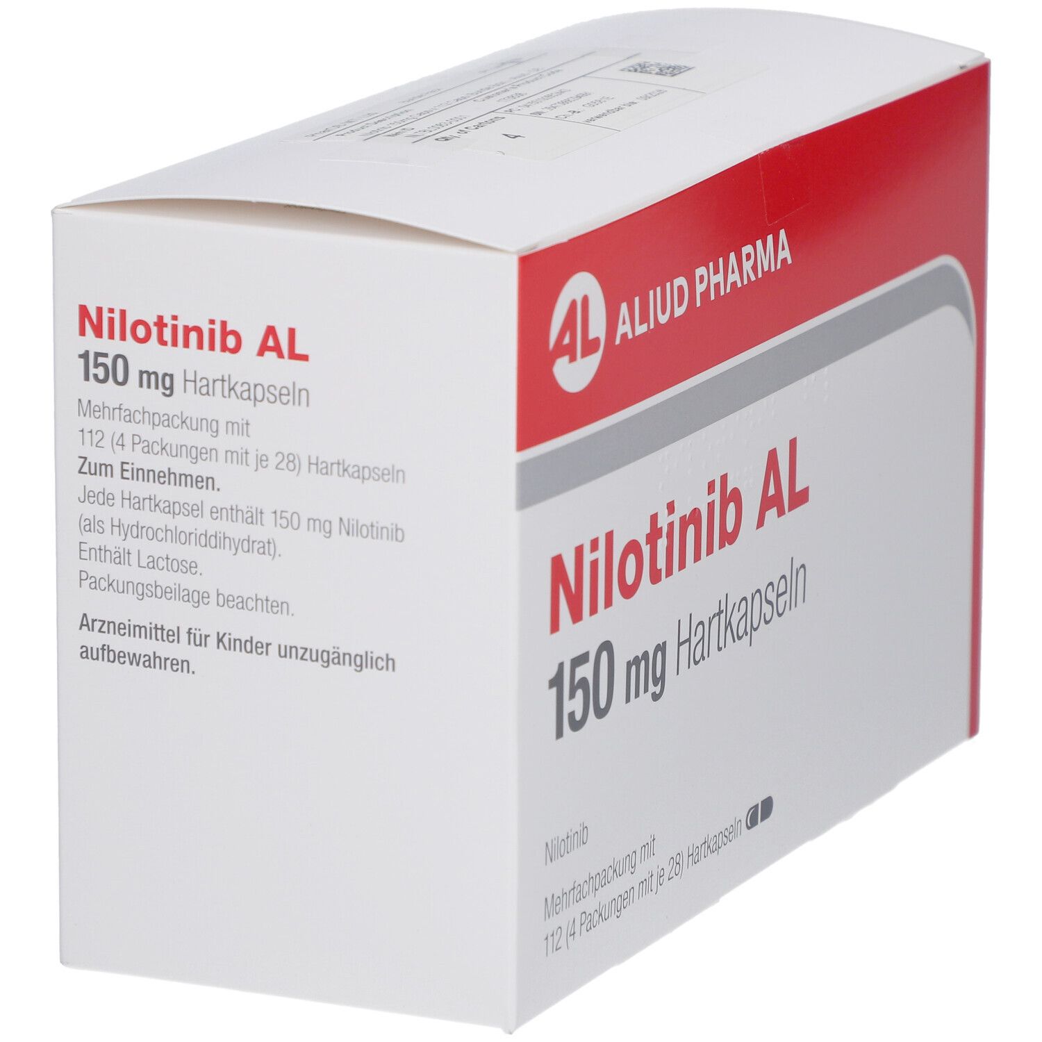 Schräg gestellte weiße Faltschachtel mit rotem Deckel. Aufdruck: Nilotinib AL 150 mg Hartkapseln. Logo: AL, Aliud Pharma.