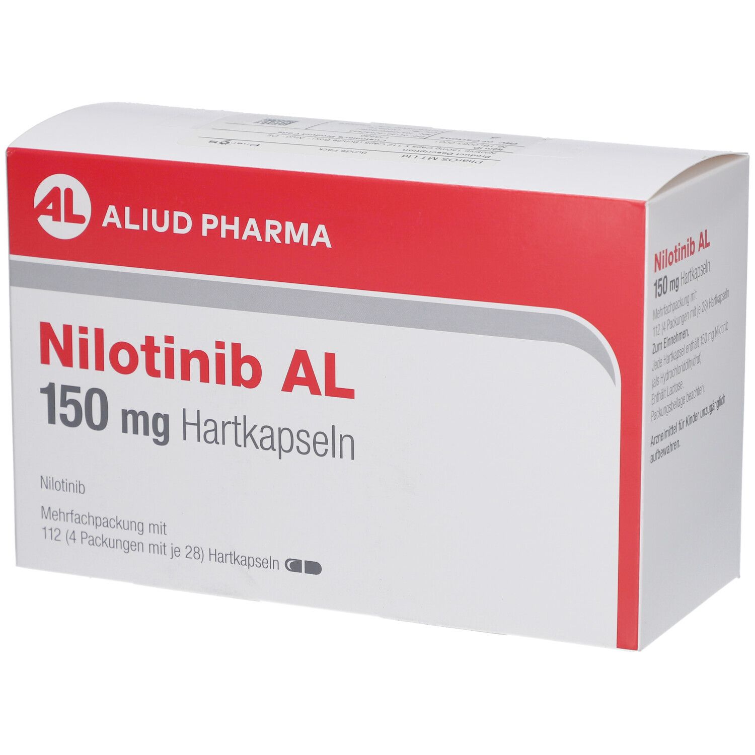Weiße Faltschachtel mit rotem Deckel. Aufdruck: Nilotinib AL 150 mg Hartkapseln. Logo: AL, Aliud Pharma.