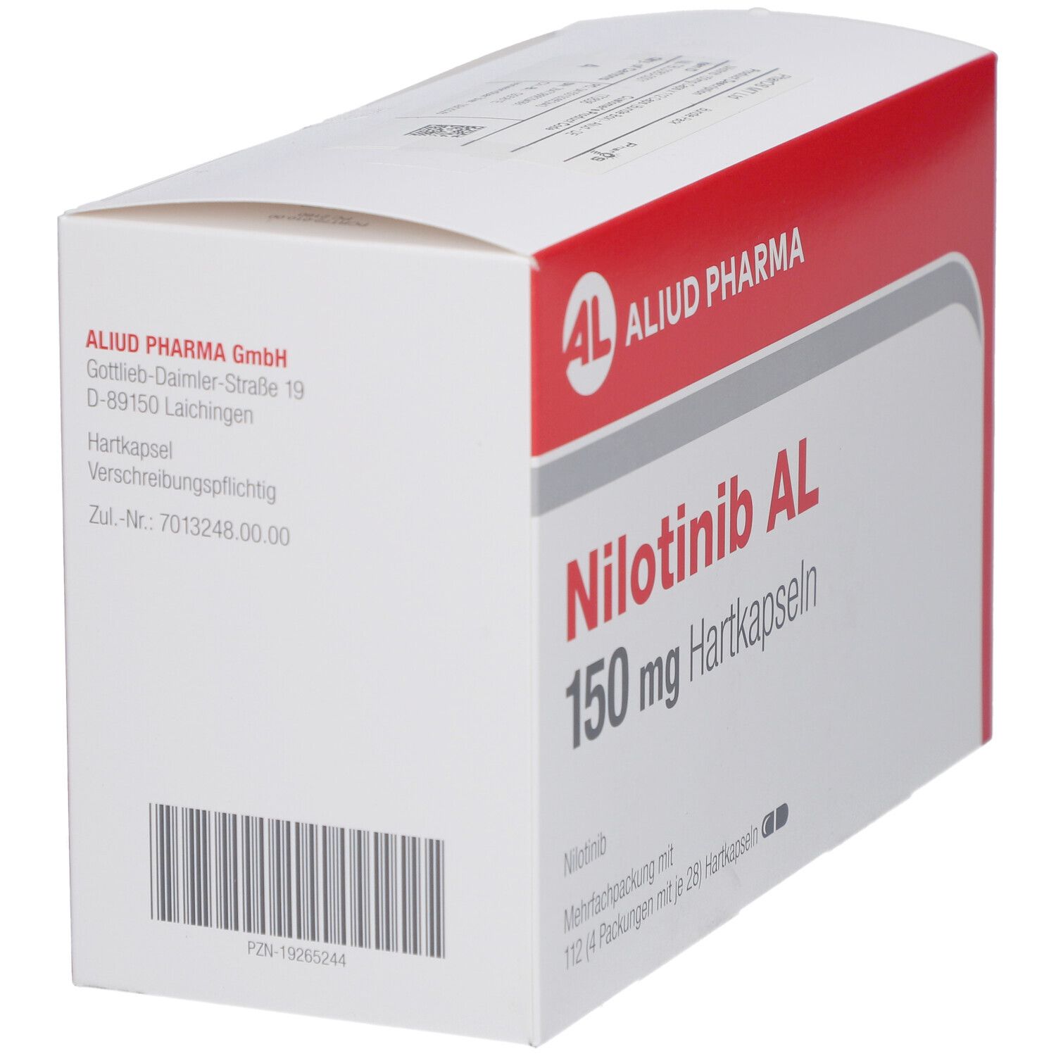 Schräg gestellte weiße Faltschachtel mit rotem Deckel. Aufdruck: Nilotinib AL 150 mg Hartkapseln. Logo: AL, Aliud Pharma.