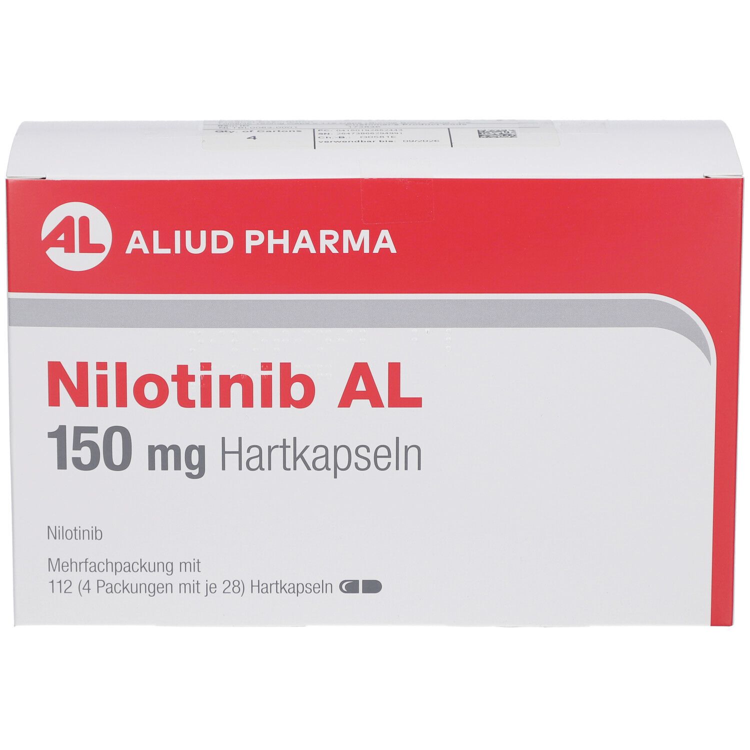 Weiße Faltschachtel mit rotem Deckel. Aufdruck: Nilotinib AL 150 mg Hartkapseln. Logo: AL, Aliud Pharma.