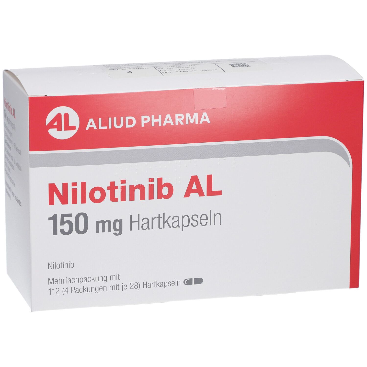 Weiße Faltschachtel mit rotem Deckel. Aufdruck: Nilotinib AL 150 mg Hartkapseln. Logo: AL, Aliud Pharma.
