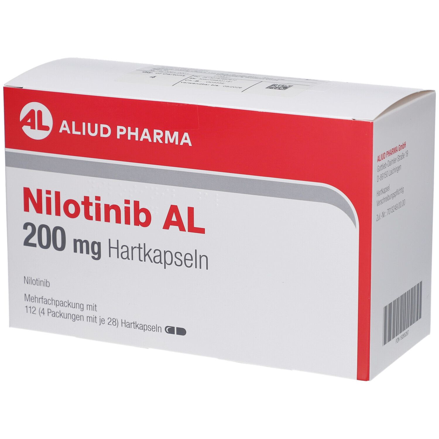 Verpackung von Nilotinib AL 200 mg Hartkapseln. Weißer Karton mit roter Oberseite. Aufschrift: AL, Nilotinib AL 200 mg Hartkapseln.