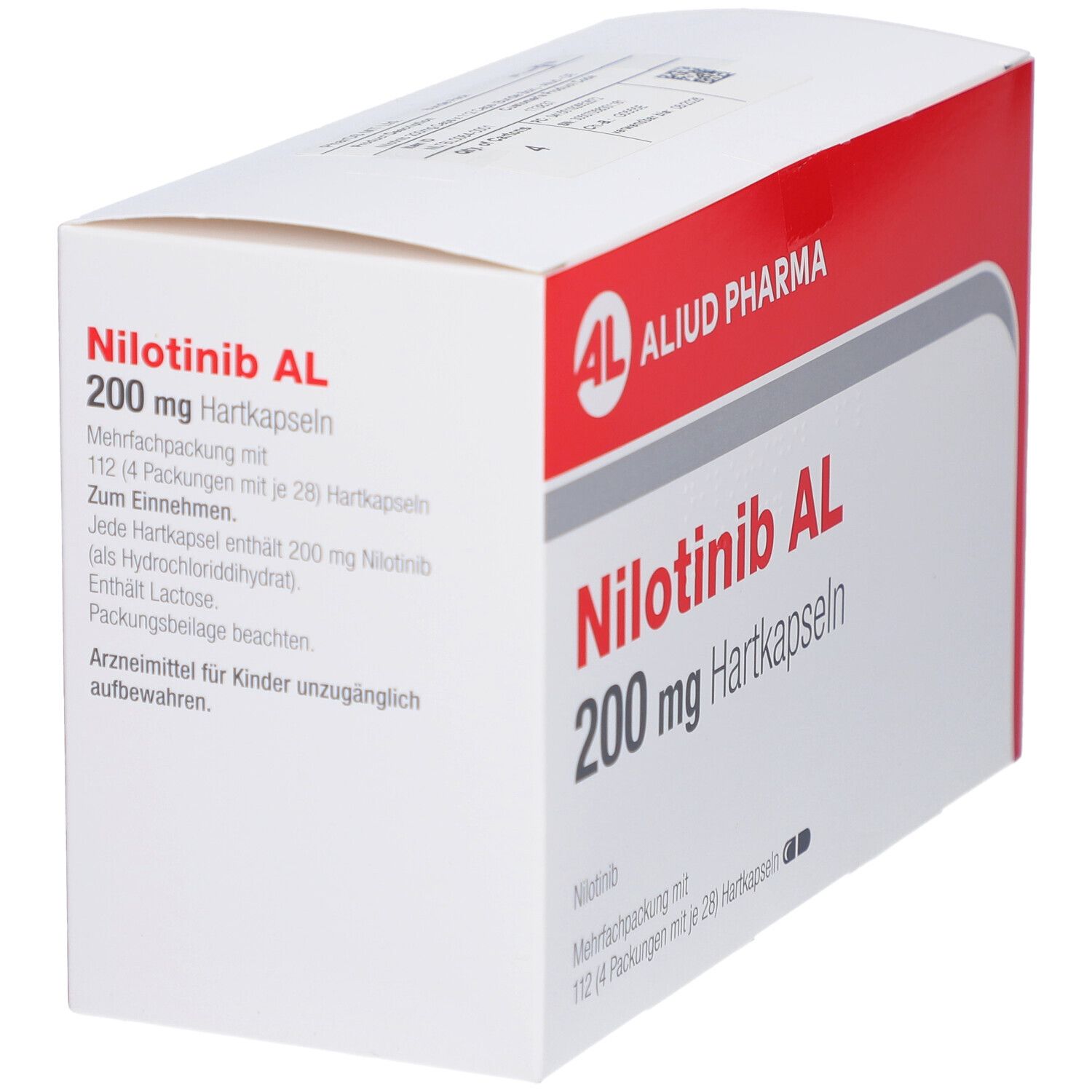 Schrägansicht der Verpackung von Nilotinib AL 200 mg Hartkapseln. Weißer Karton mit roter Oberseite. Aufschrift: AL, Nilotinib AL 200 mg Hartkapseln.
