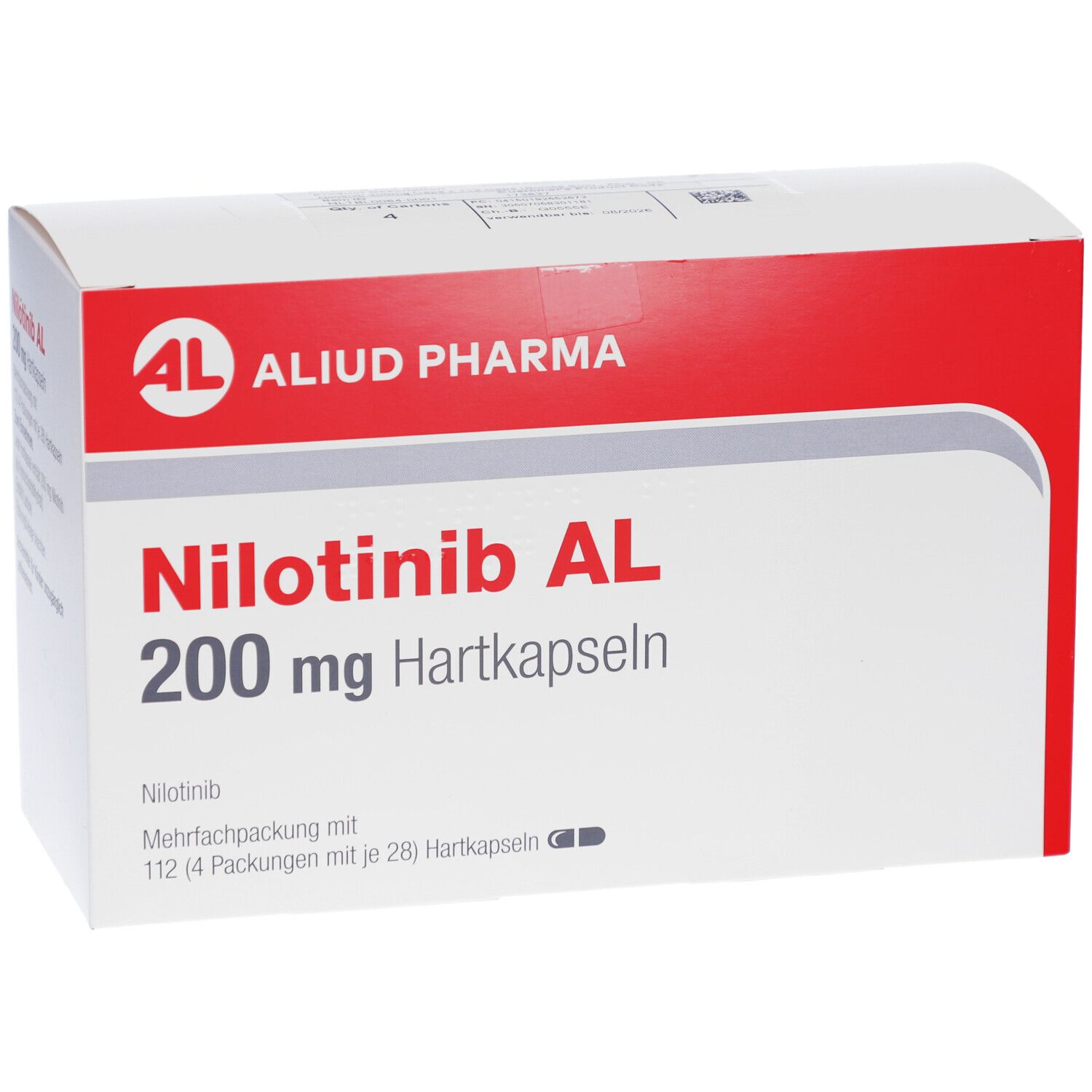 Verpackung von Nilotinib AL 200 mg Hartkapseln. Weißer Karton mit roter Oberseite. Aufschrift: AL, Nilotinib AL 200 mg Hartkapseln.