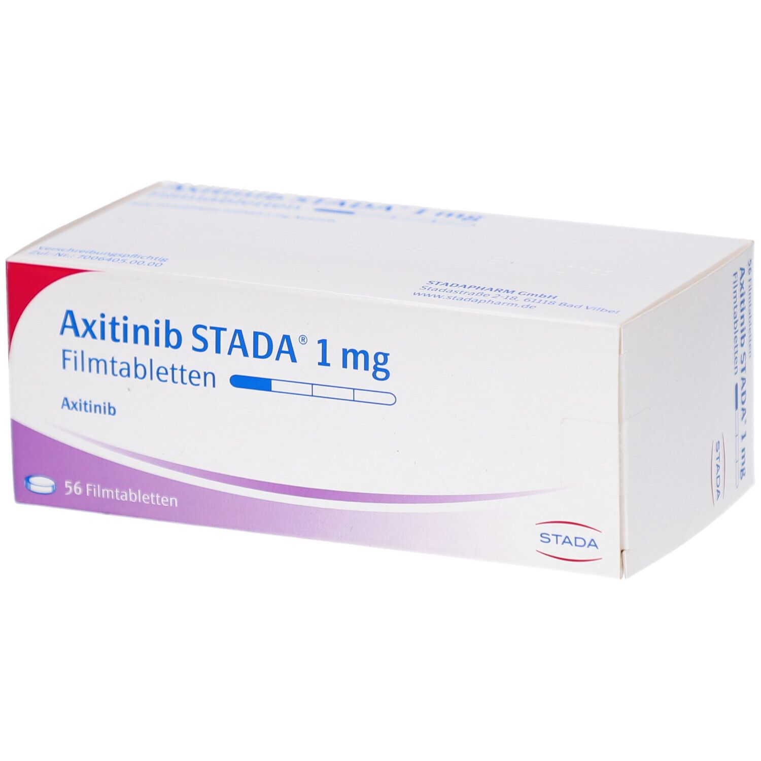 Schachtel mit AXITINIB STADA 1 mg Filmtabletten. Aufschrift: 56 Filmtabletten. Logo STADA.