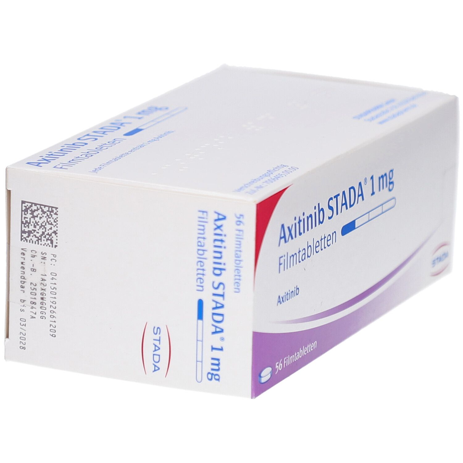 Schachtel mit AXITINIB STADA 1 mg Filmtabletten. Aufschrift: 56 Filmtabletten. Logo STADA. Barcode.