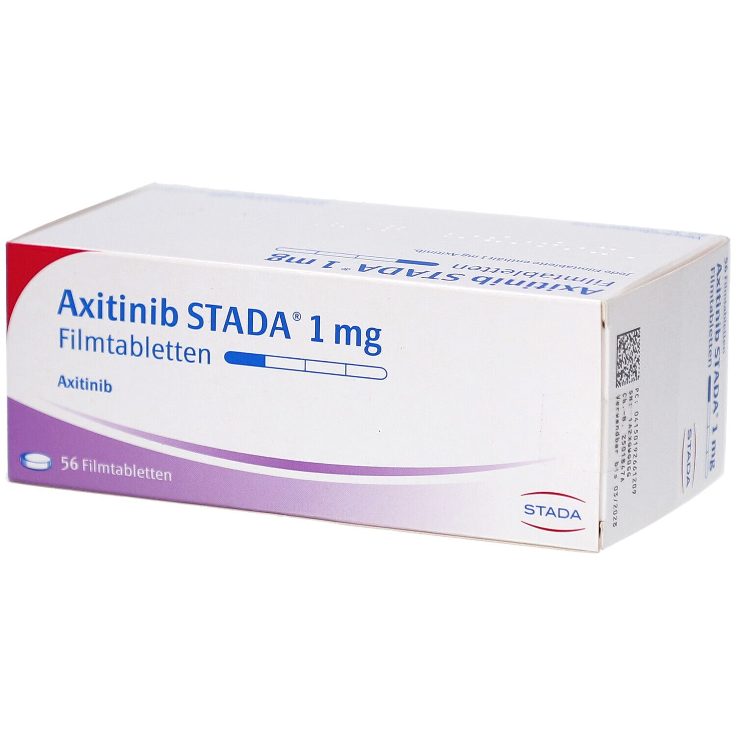 Schachtel mit AXITINIB STADA 1 mg Filmtabletten. Aufschrift: 56 Filmtabletten. Logo STADA.