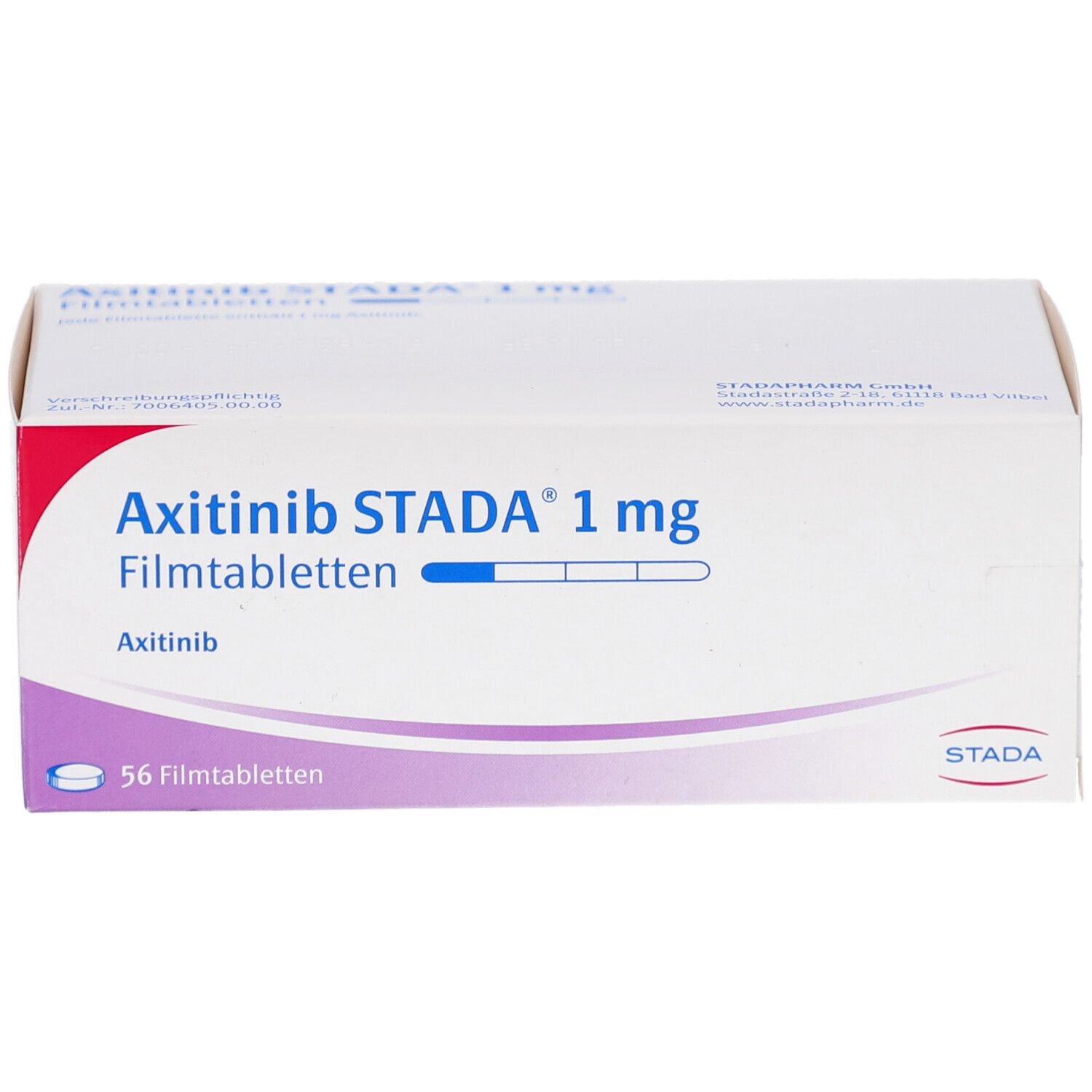 Schachtel mit AXITINIB STADA 1 mg Filmtabletten. Aufschrift: 56 Filmtabletten. Logo STADA.
