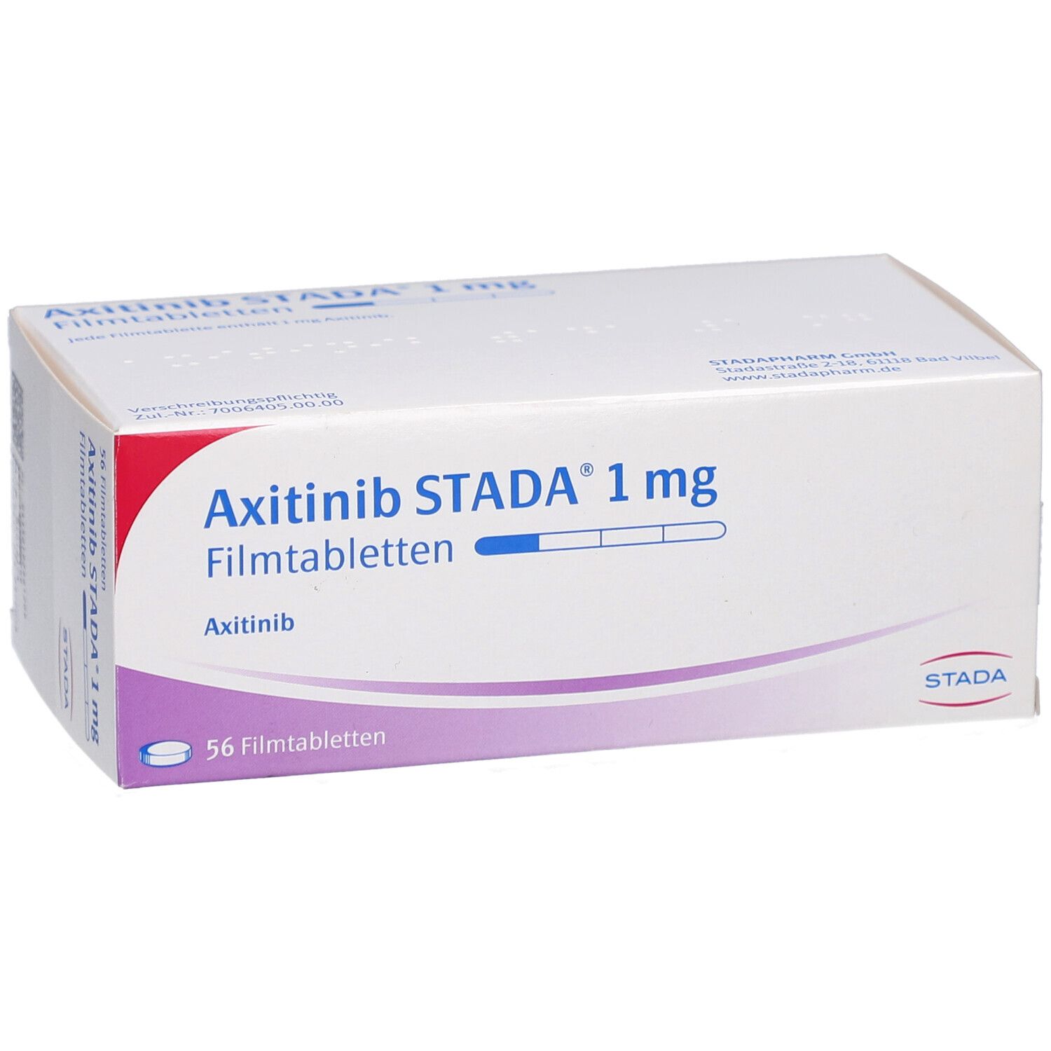 Schachtel mit AXITINIB STADA 1 mg Filmtabletten. Aufschrift: 56 Filmtabletten. Logo STADA.