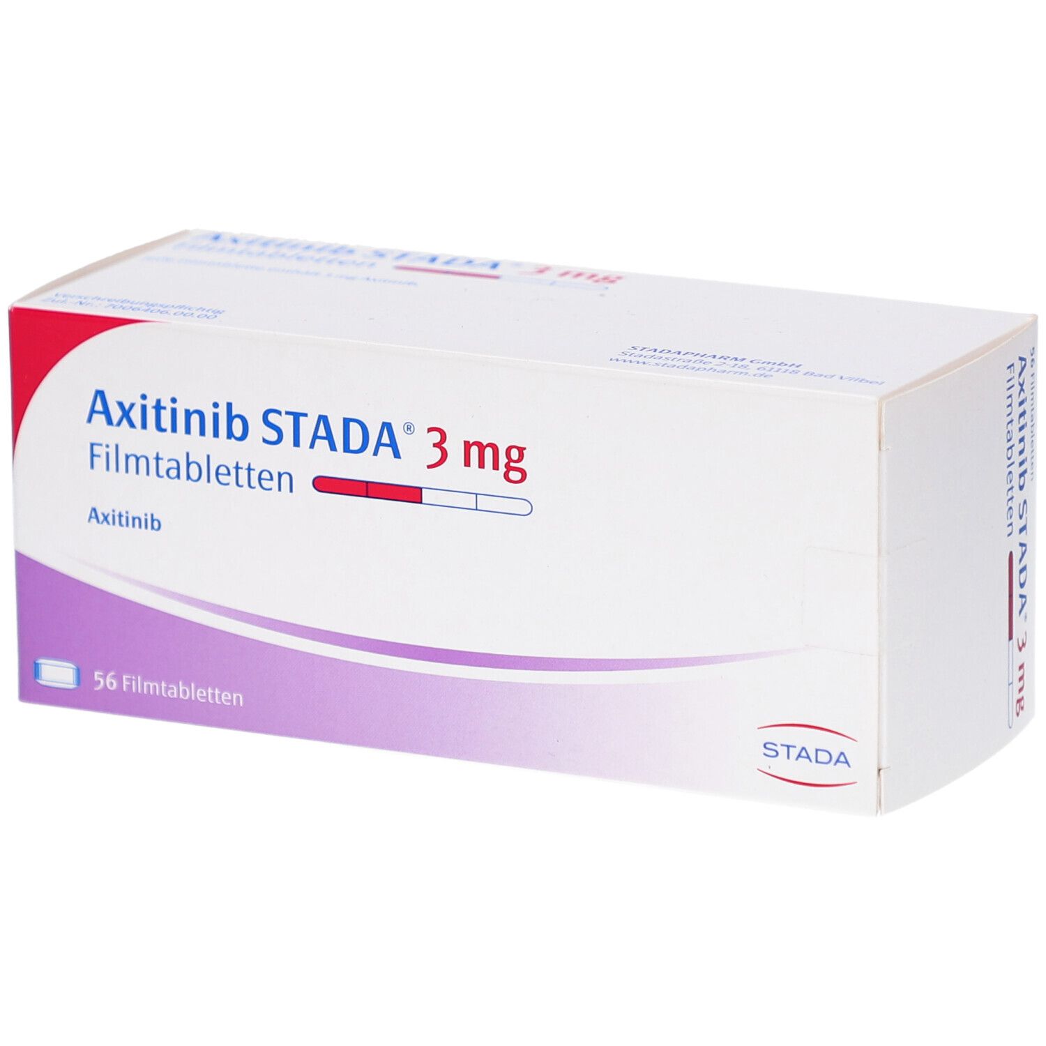 Schachtel mit AXITINIB STADA 3 mg Filmtabletten. Aufschrift: 3 mg, 56 Filmtabletten. Lila und rote Streifen.