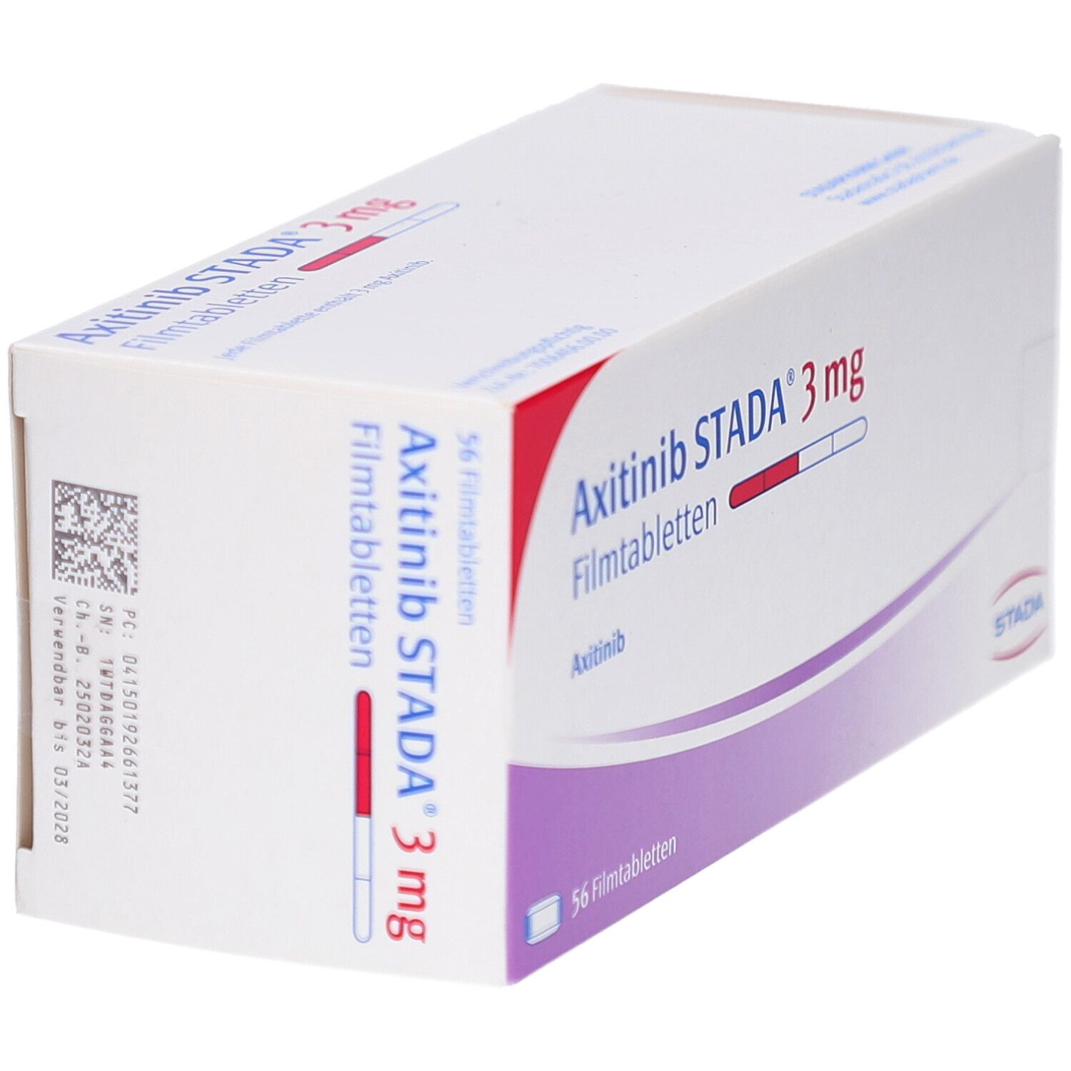Schachtel mit AXITINIB STADA 3 mg Filmtabletten. Aufschrift: 3 mg, 56 Filmtabletten. Lila und rote Streifen. QR-Code.