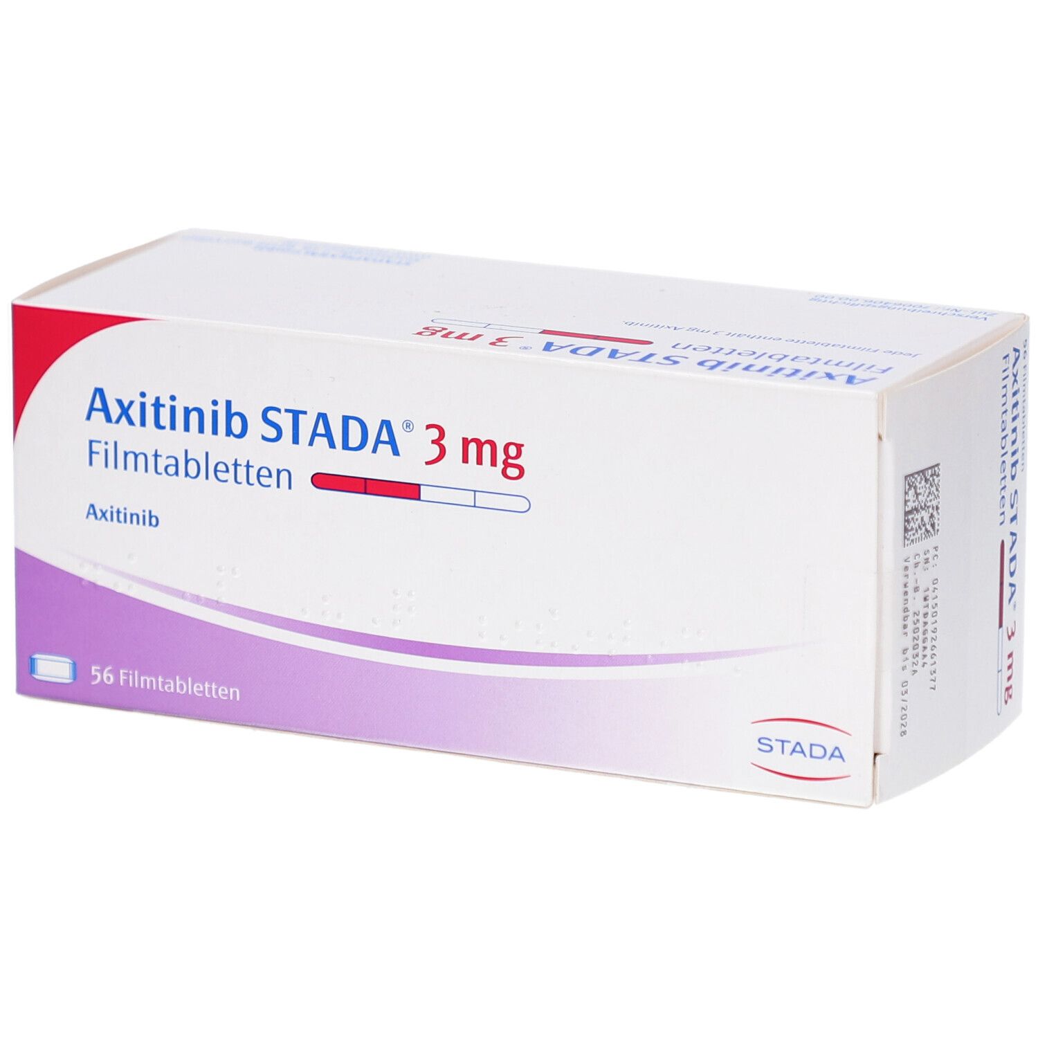 Schachtel mit AXITINIB STADA 3 mg Filmtabletten. Aufschrift: 3 mg, 56 Filmtabletten. Lila und rote Streifen.