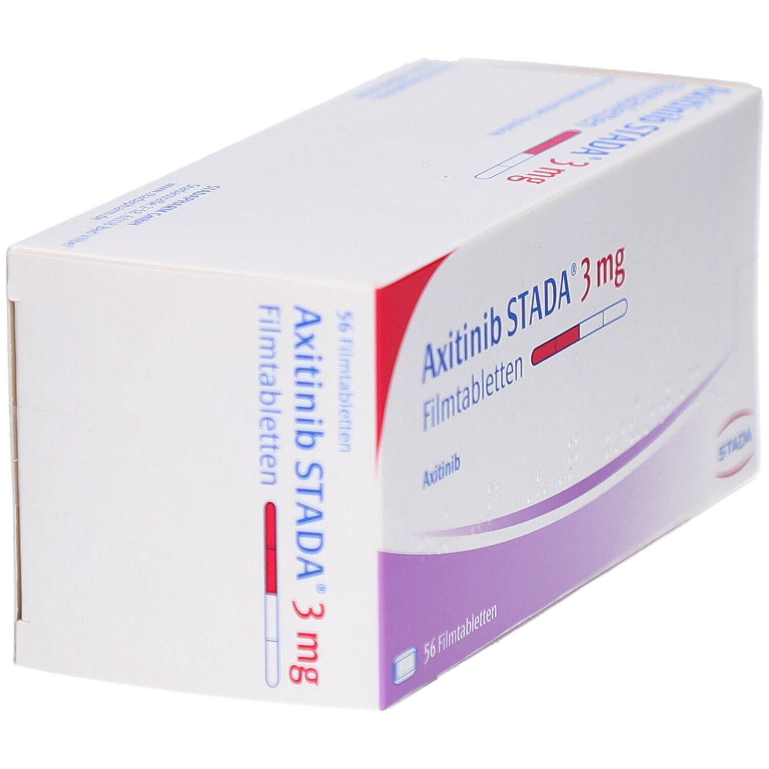 Schachtel mit AXITINIB STADA 3 mg Filmtabletten. Aufschrift: 3 mg, 56 Filmtabletten. Lila und rote Streifen.