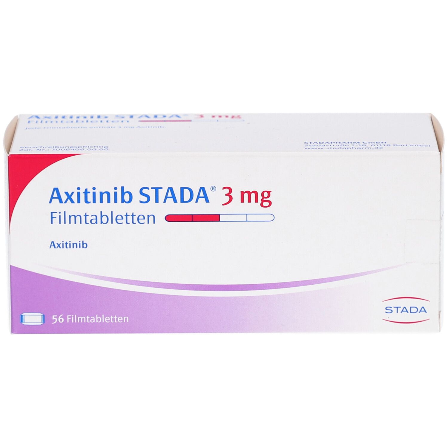 Schachtel mit AXITINIB STADA 3 mg Filmtabletten. Aufschrift: 3 mg, 56 Filmtabletten. Lila und rote Streifen.