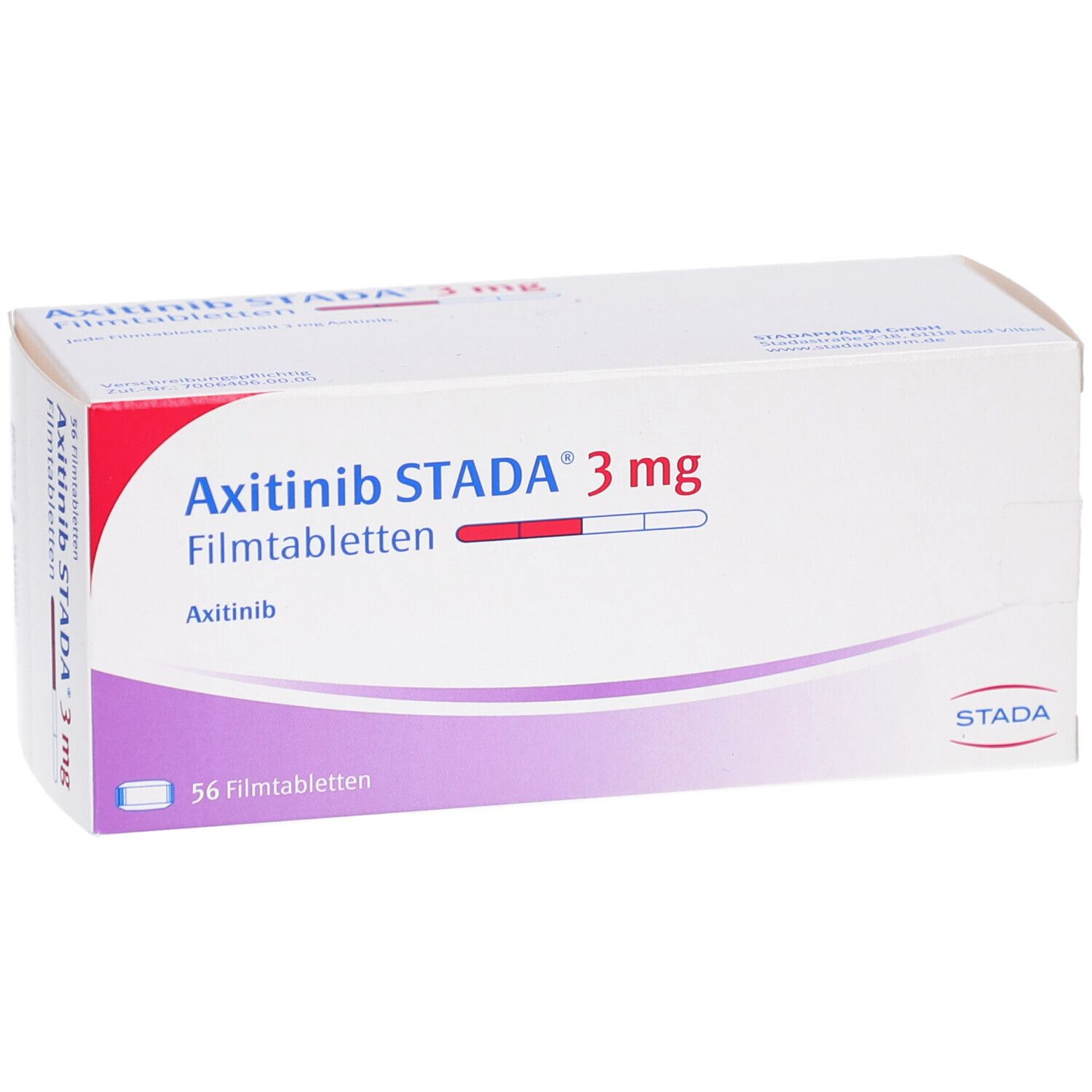 Schachtel mit AXITINIB STADA 3 mg Filmtabletten. Aufschrift: 3 mg, 56 Filmtabletten. Lila und rote Streifen.