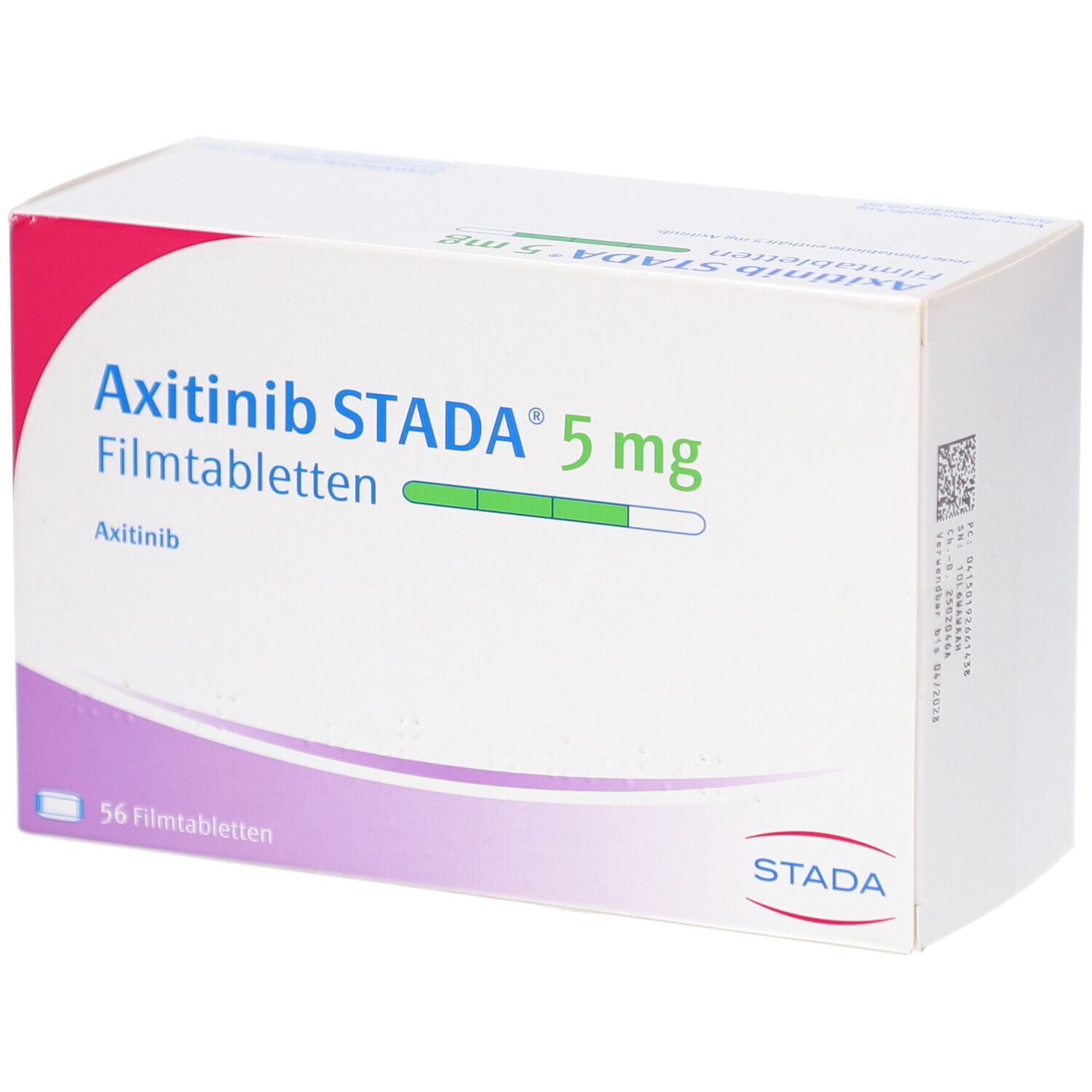 Schachtel mit AXITINIB STADA 5 mg Filmtabletten. Aufschrift: 56 Filmtabletten. STADA-Logo.