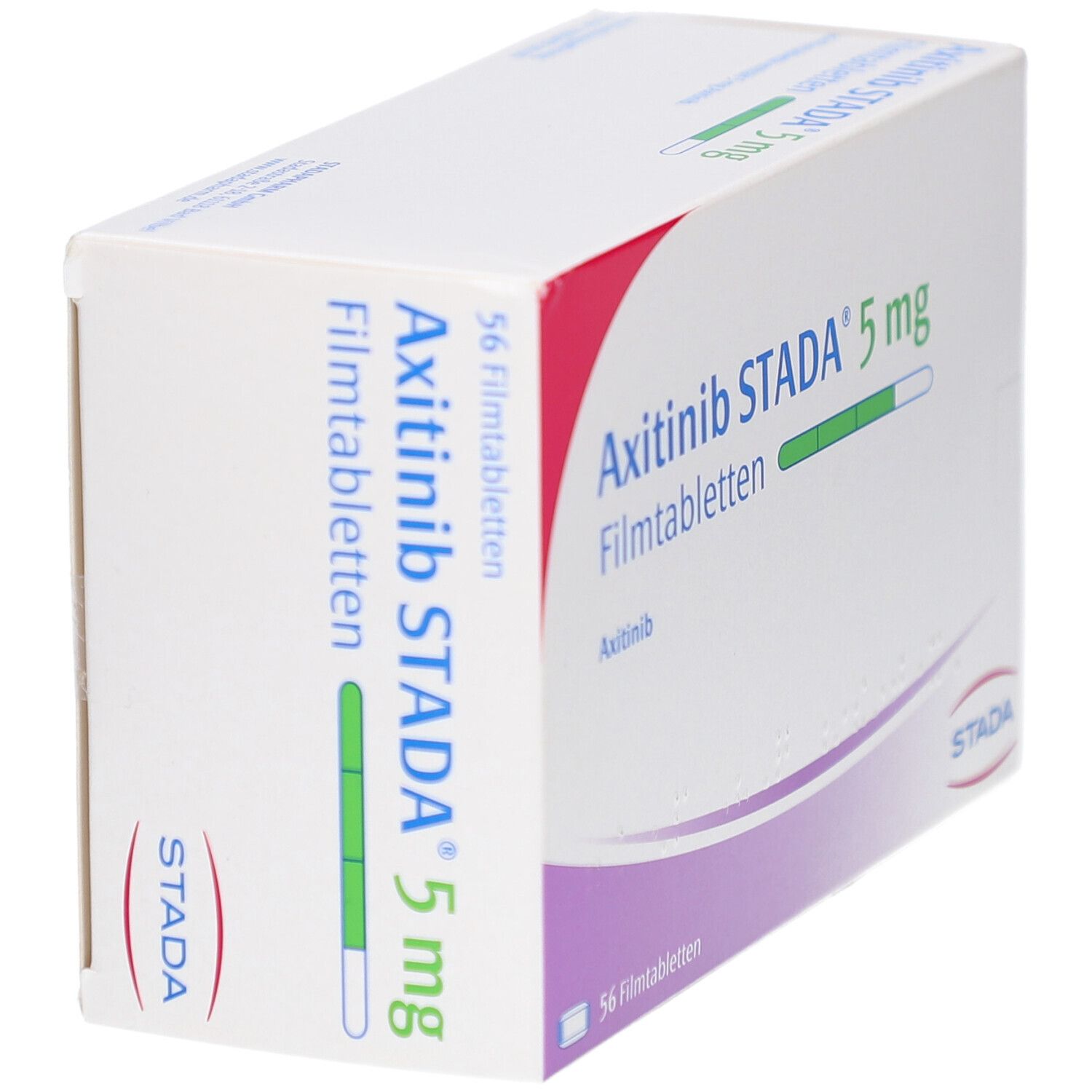 Schachtel mit AXITINIB STADA 5 mg Filmtabletten. Aufschrift: 56 Filmtabletten. STADA-Logo.