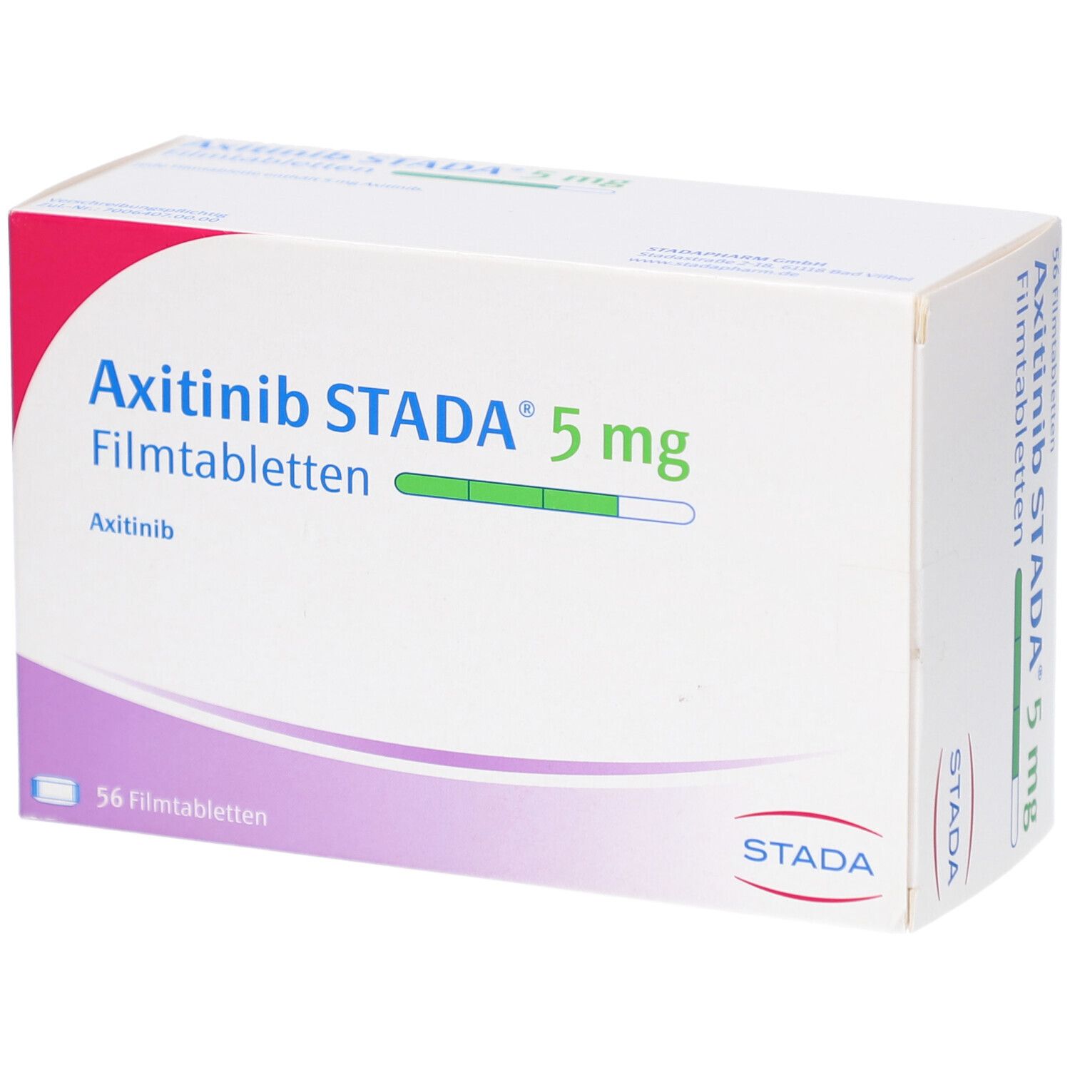 Schachtel mit AXITINIB STADA 5 mg Filmtabletten. Aufschrift: 56 Filmtabletten. STADA-Logo.
