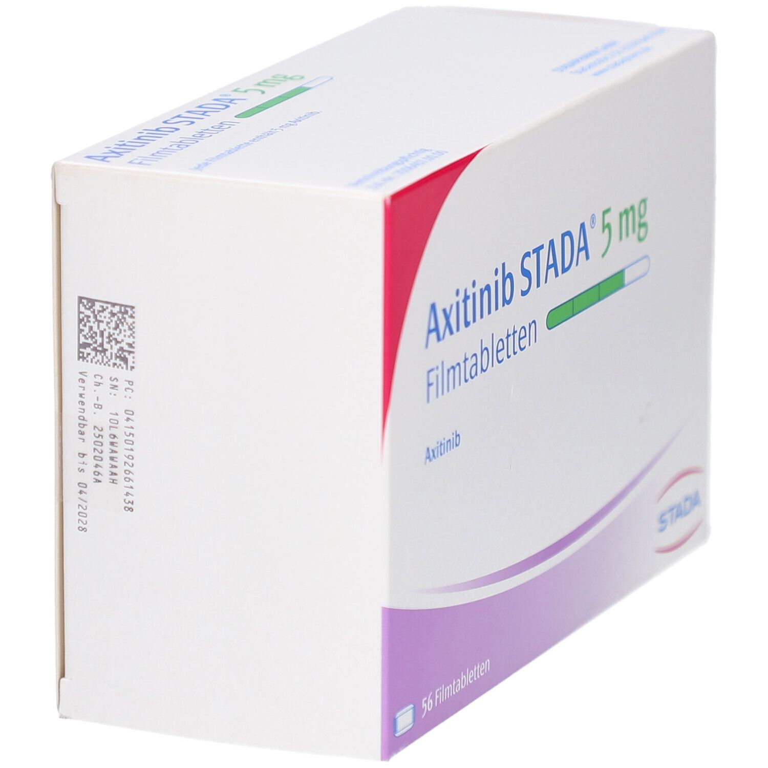 Schachtel mit AXITINIB STADA 5 mg Filmtabletten. Aufschrift: 56 Filmtabletten. STADA-Logo.