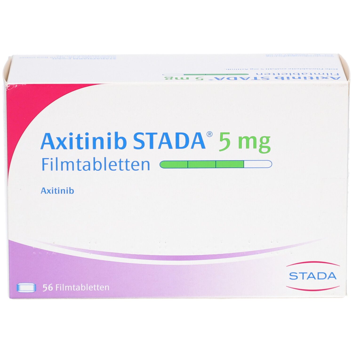 Schachtel mit AXITINIB STADA 5 mg Filmtabletten. Aufschrift: 56 Filmtabletten. STADA-Logo.