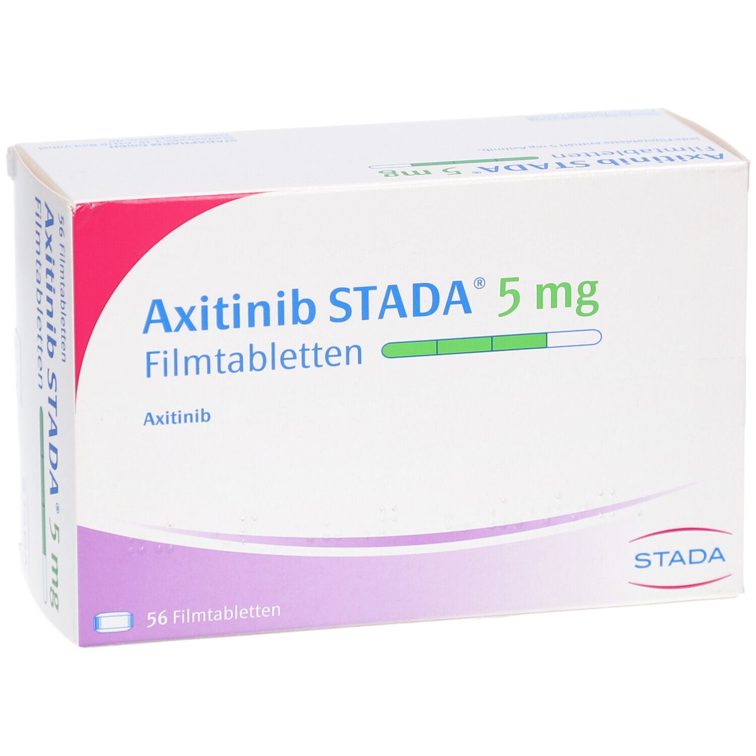 Schachtel mit AXITINIB STADA 5 mg Filmtabletten. Aufschrift: 56 Filmtabletten. STADA-Logo.
