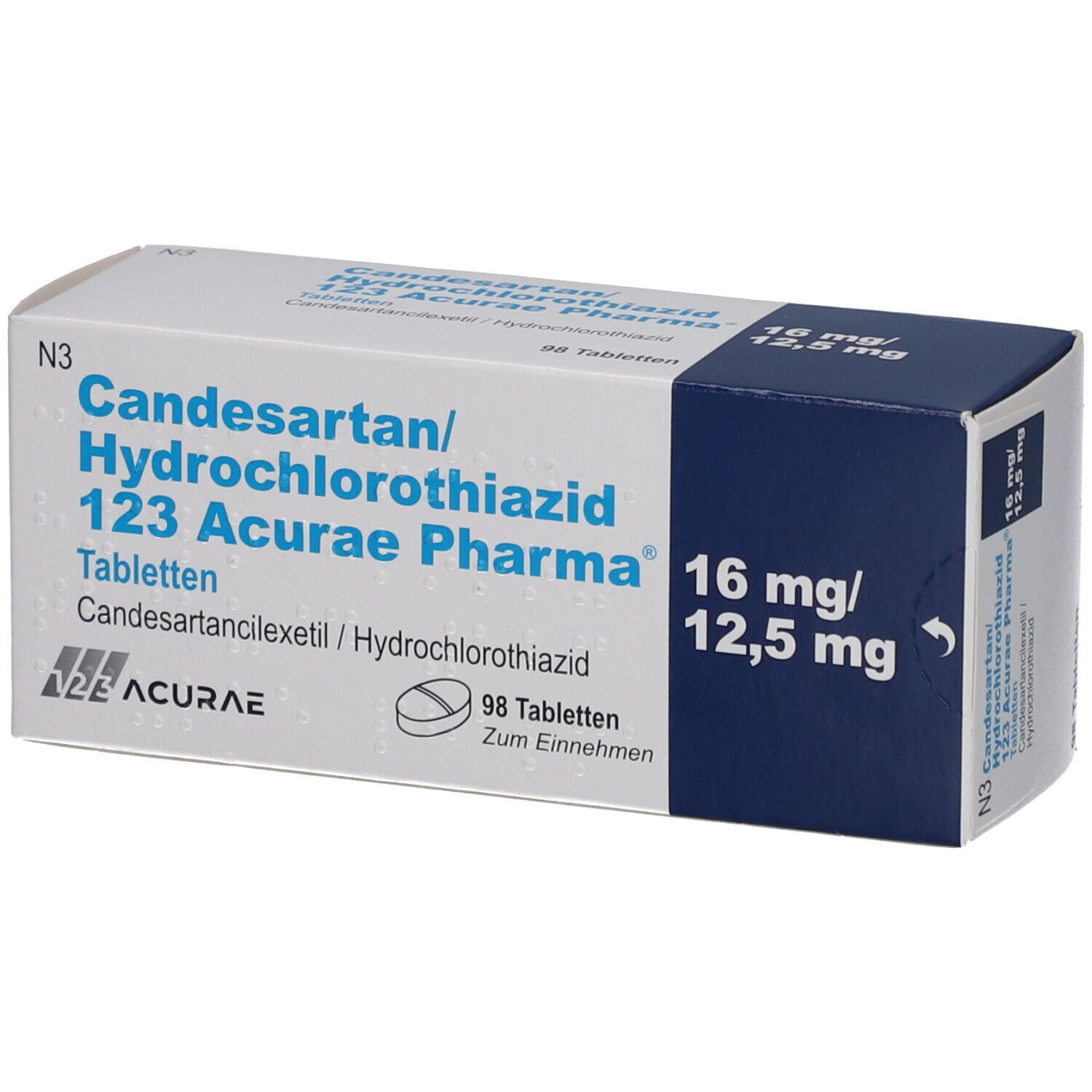 Arzneimittelpackung mit der Aufschrift Candesartan/Hydrochlorothiazid 123 Acurae Pharma. 16mg/12,5mg Tabletten. 98 Tabletten.
