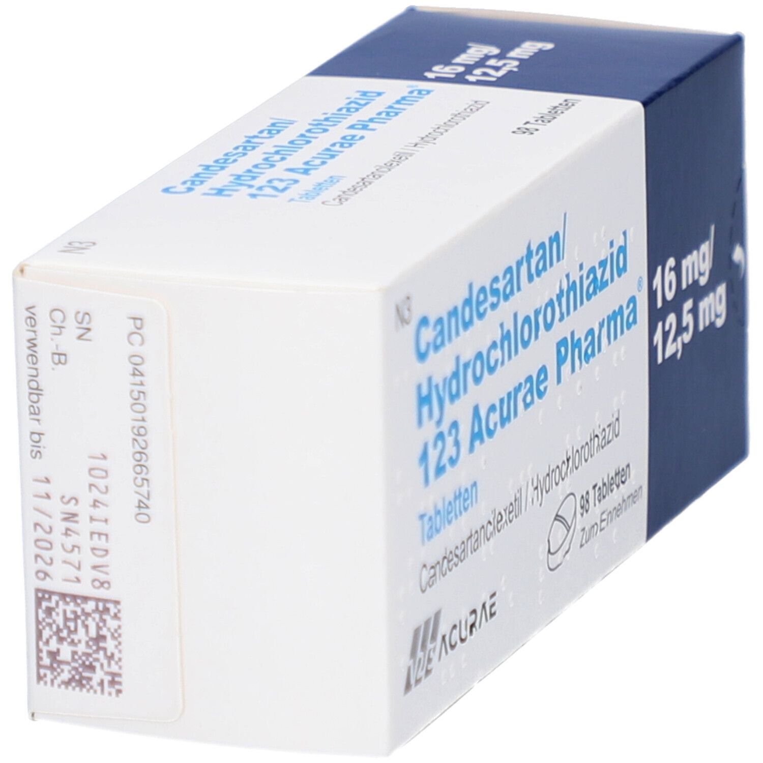 Arzneimittelpackung mit Candesartan/Hydrochlorothiazid 123 Acurae Pharma. 16mg/12,5mg. Aufdruck mit Chargennummer und Verfallsdatum.
