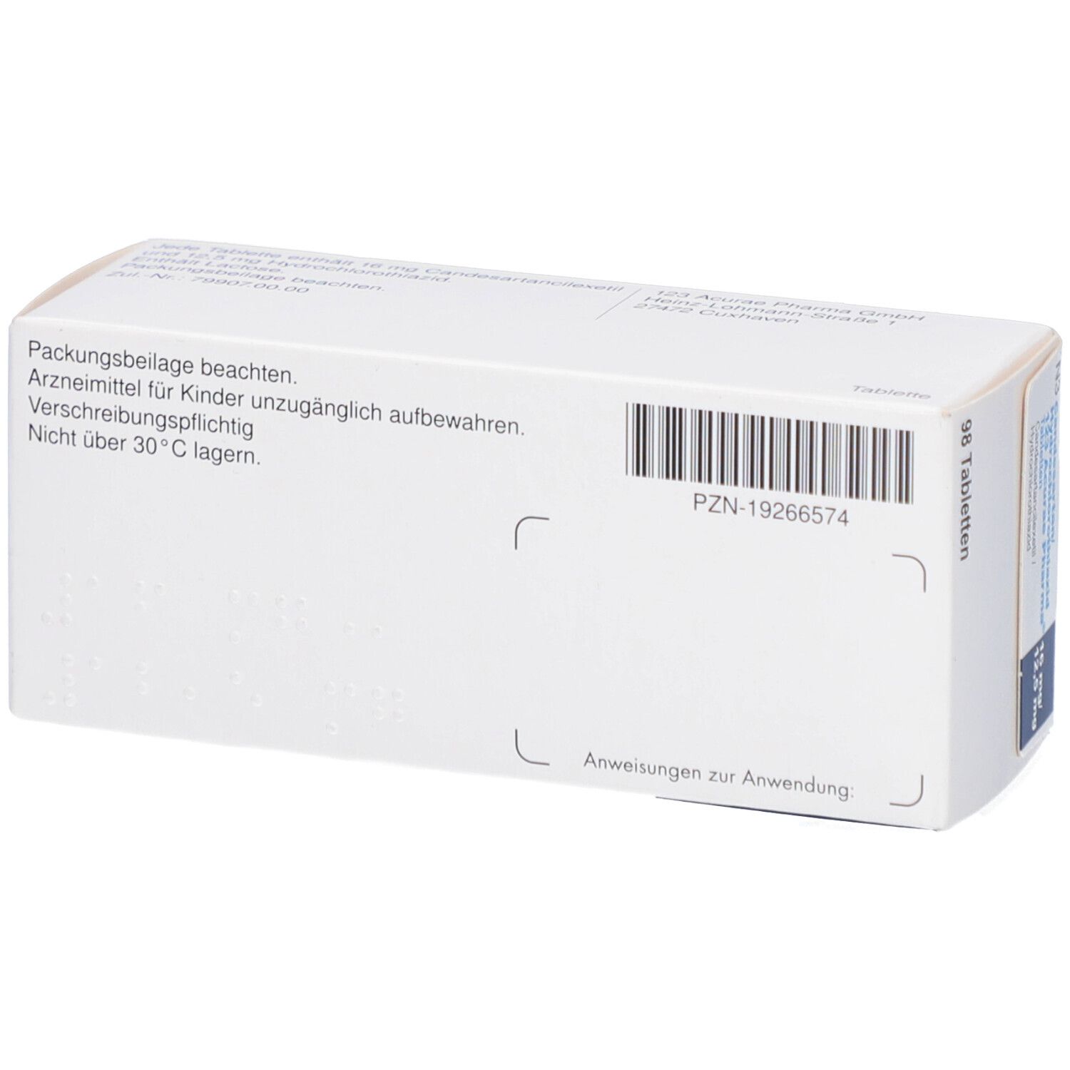 Rückseite einer Arzneimittelpackung mit Barcode und Text. Enthält Informationen zur Anwendung und Lagerung.