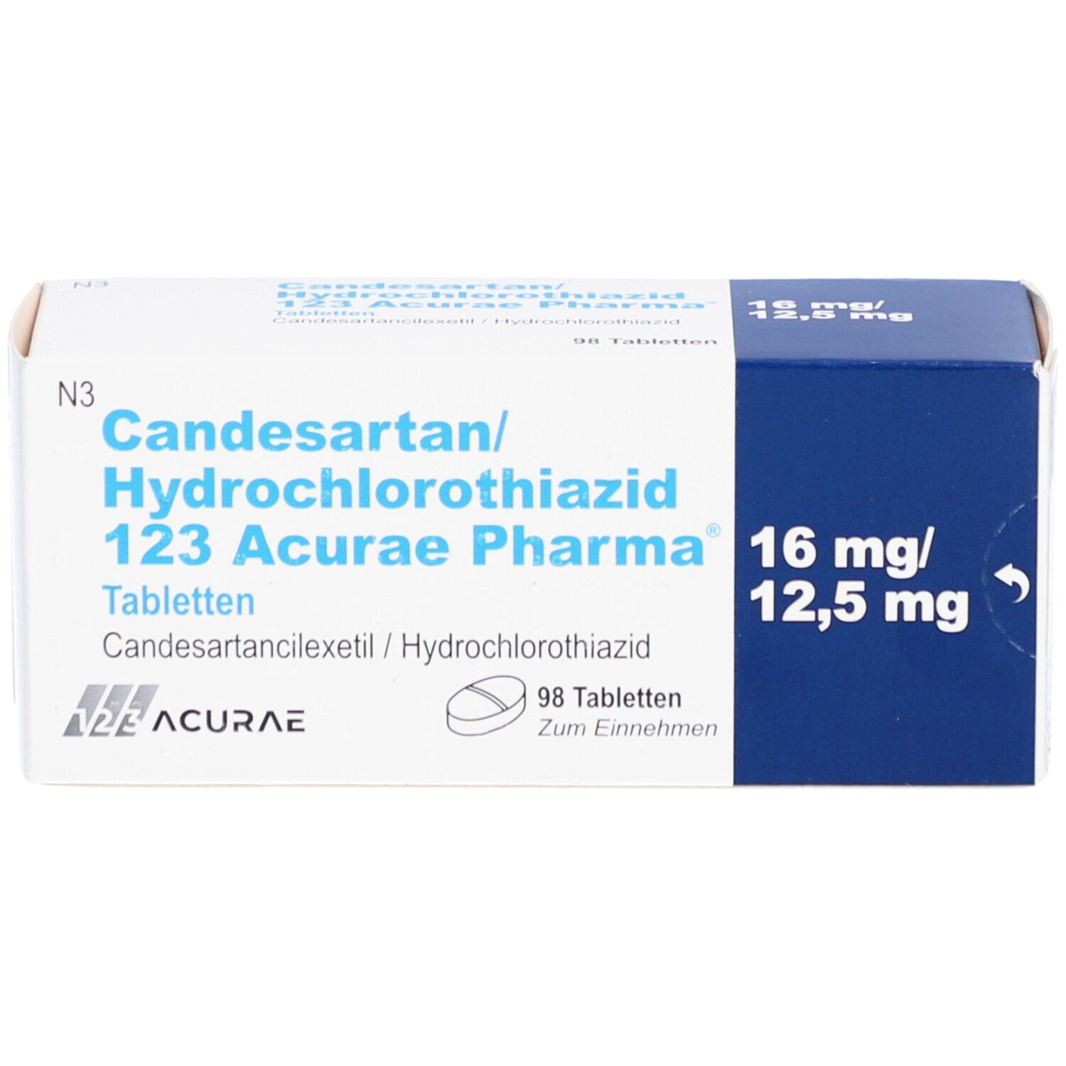 Arzneimittelpackung mit Candesartan/Hydrochlorothiazid 123 Acurae Pharma. 16mg/12,5mg Tabletten. 98 Tabletten.