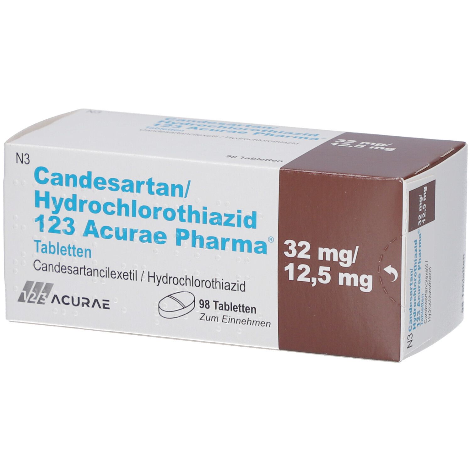 Tablettenpackung mit der Aufschrift Candesartan/Hydrochlorothiazid 123 Acurae Pharma 32mg/12,5mg. 98 Tabletten.