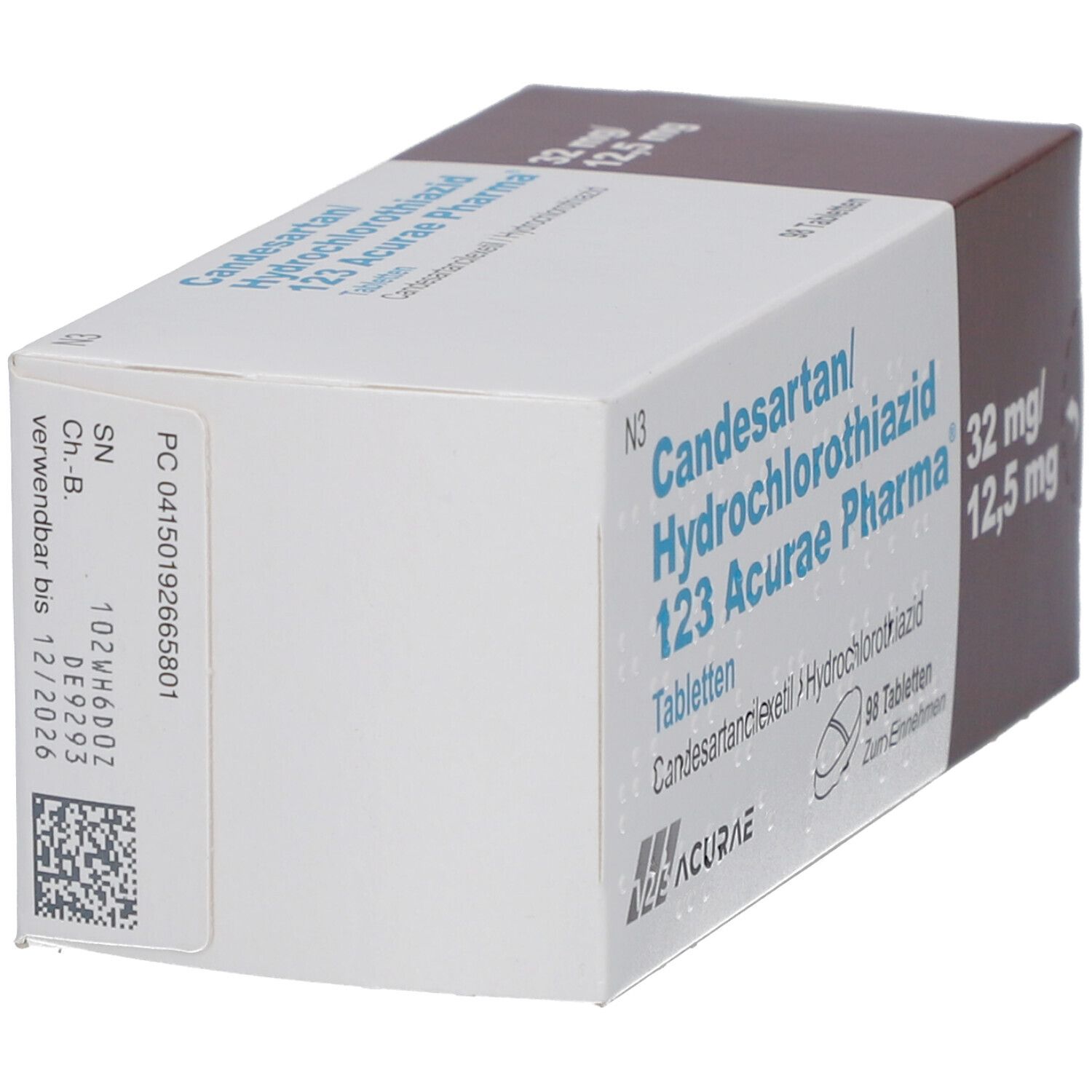 Tablettenpackung, Seite mit Informationen: Candesartan/Hydrochlorothiazid 123 Acurae Pharma, Chargennummer, Verfallsdatum.
