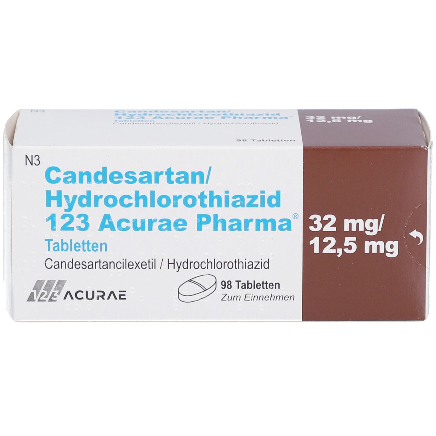 Tablettenpackung, Ansicht von oben. Aufschrift: Candesartan/Hydrochlorothiazid 123 Acurae Pharma 32mg/12,5mg. 98 Tabletten.
