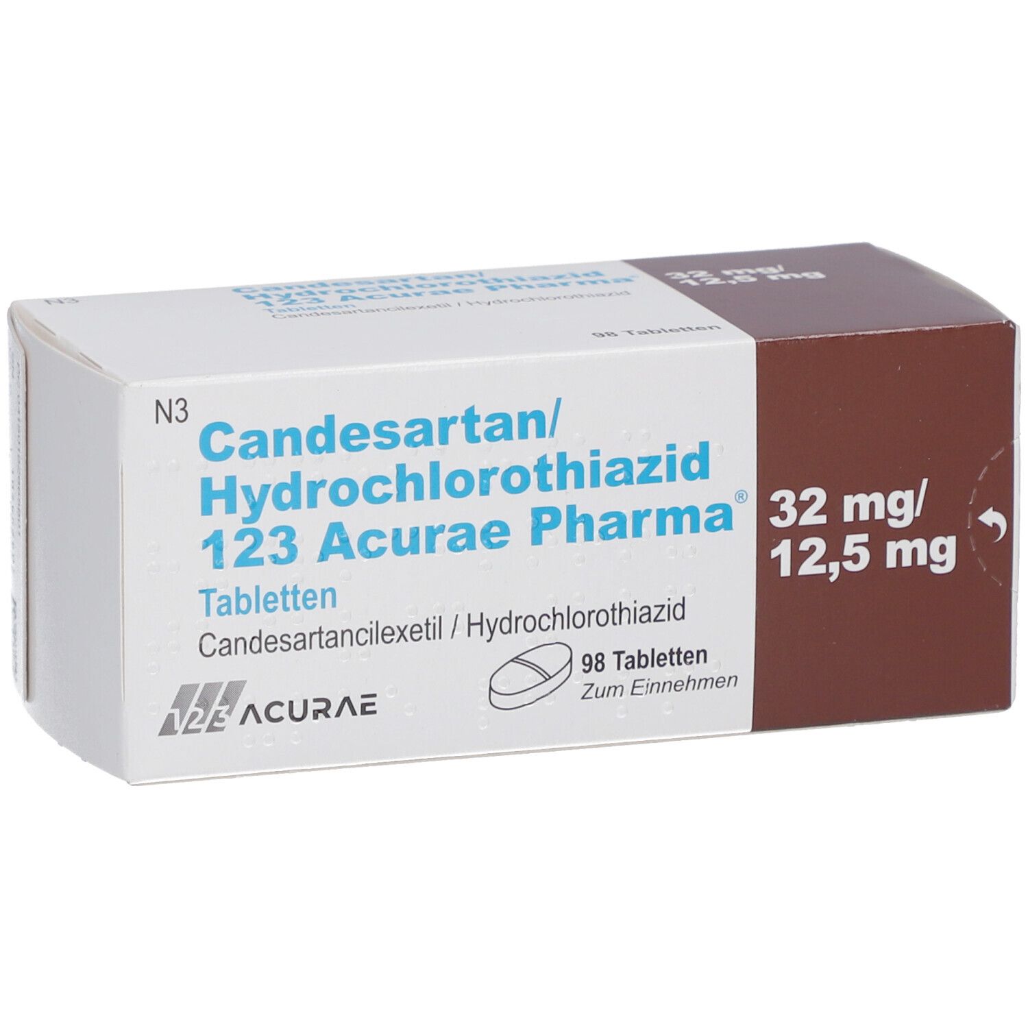 Tablettenpackung, Ansicht von oben. Aufschrift: Candesartan/Hydrochlorothiazid 123 Acurae Pharma 32mg/12,5mg. 98 Tabletten.